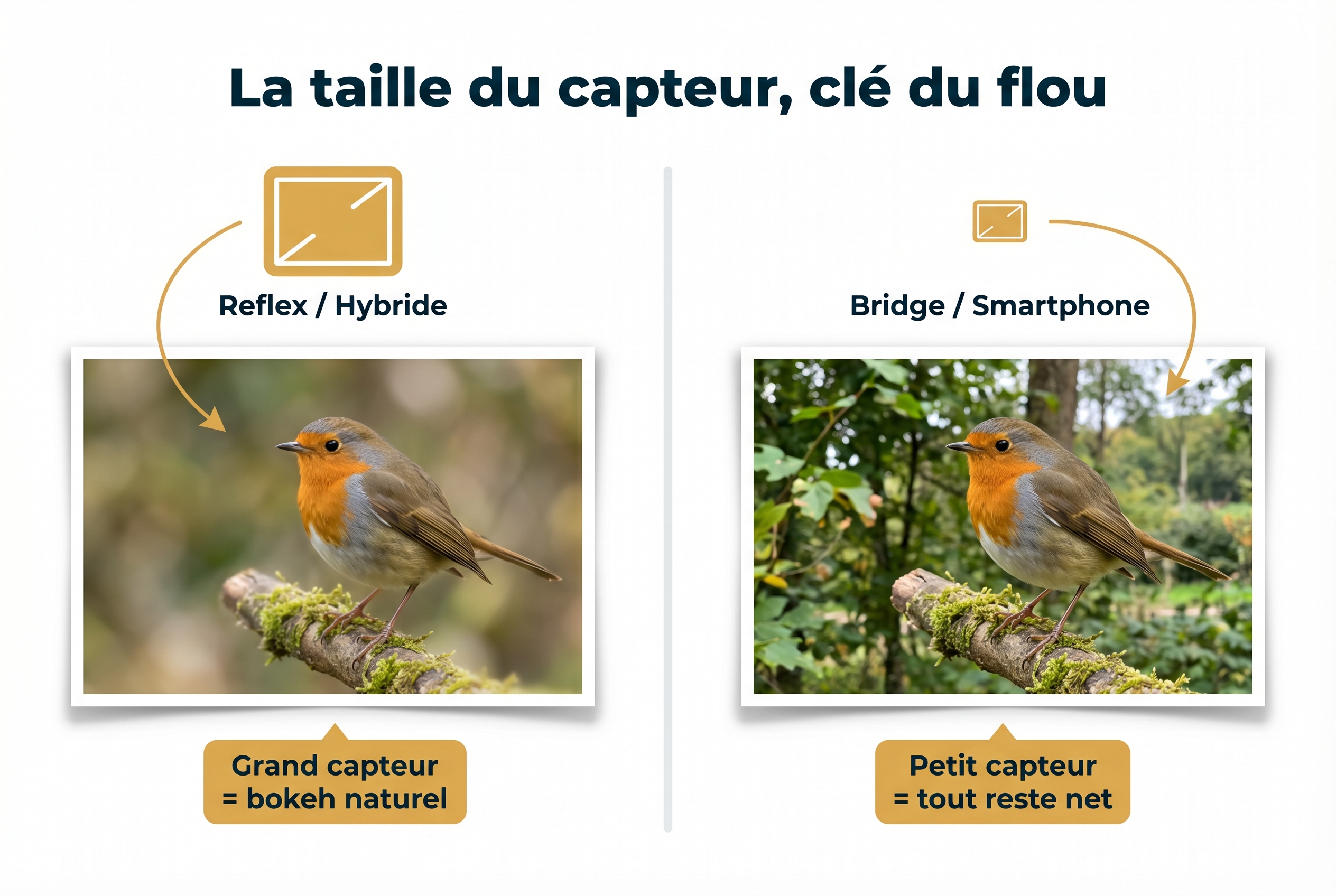 Le bokeh photo : le secret des flous artistiques 17 Schéma pédagogique comparant le bokeh entre un grand capteur (Reflex et Hybride) et un petit capteur (Smartphone) avec un oiseau comme sujet.