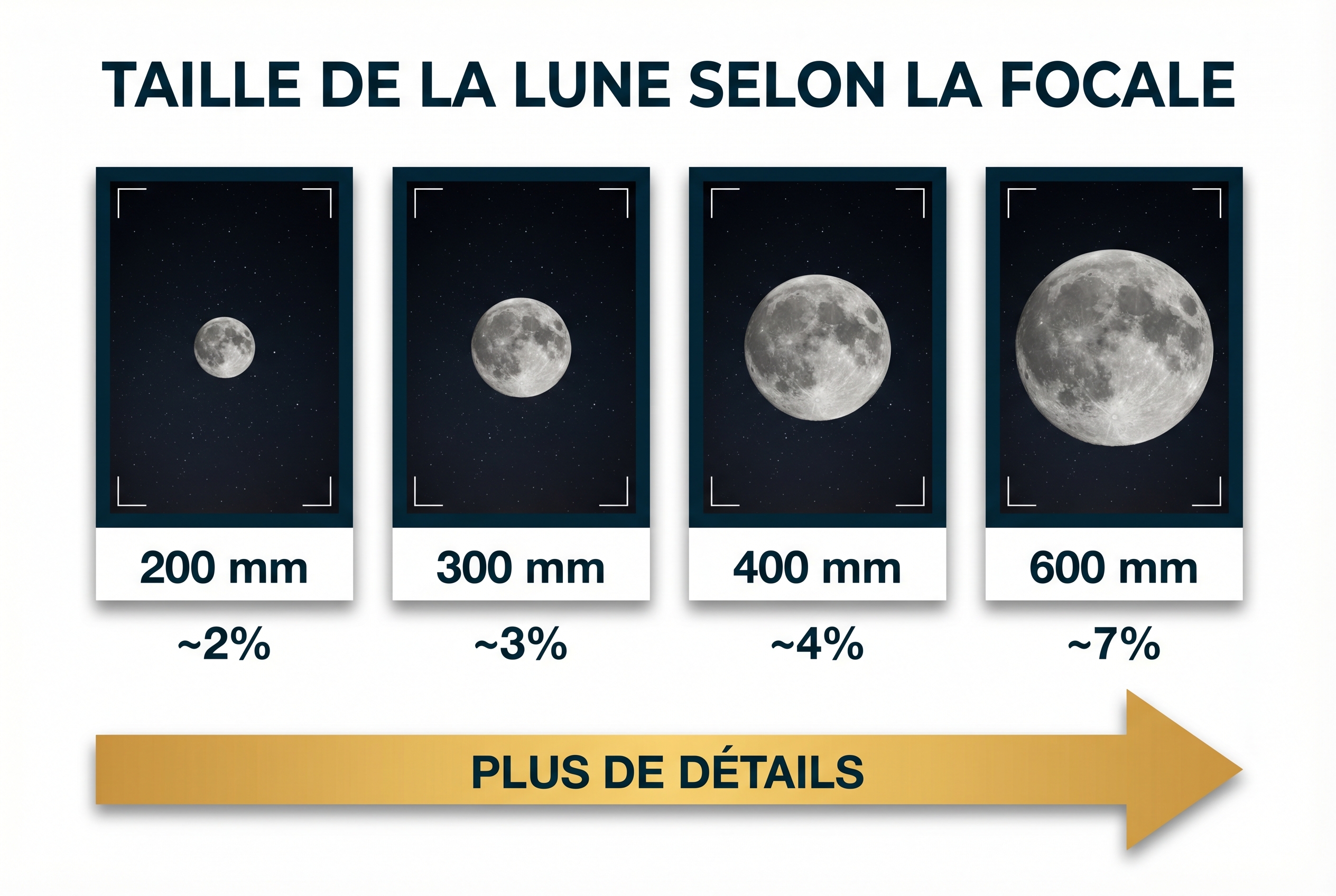 Infographie pédagogique montrant comment photographier la lune en comparant sa taille dans le cadre à 200mm, 300mm, 400mm et 600mm.