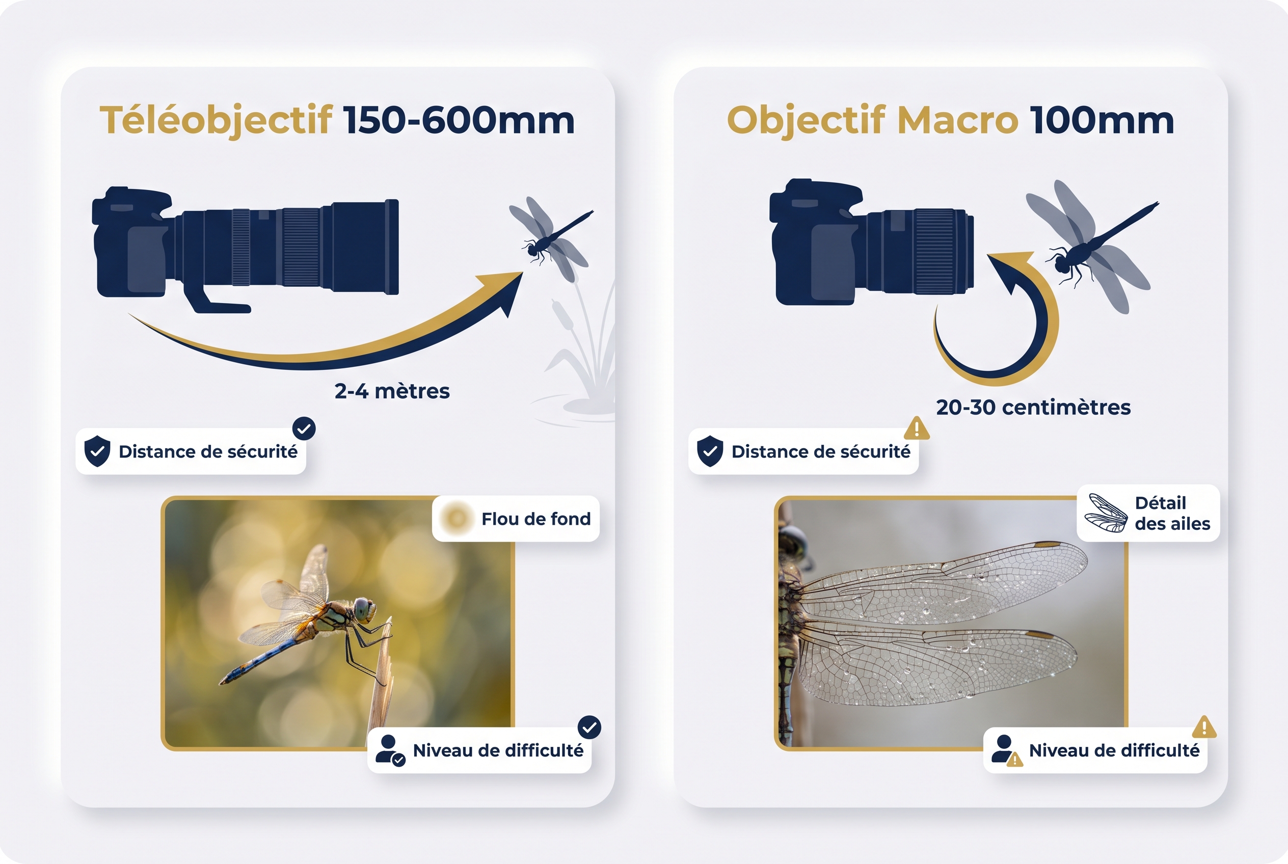 Infographie comparative pour photographier les libellules : configuration téléobjectif 150-600mm vs objectif macro 100mm avec distances de sécurité.