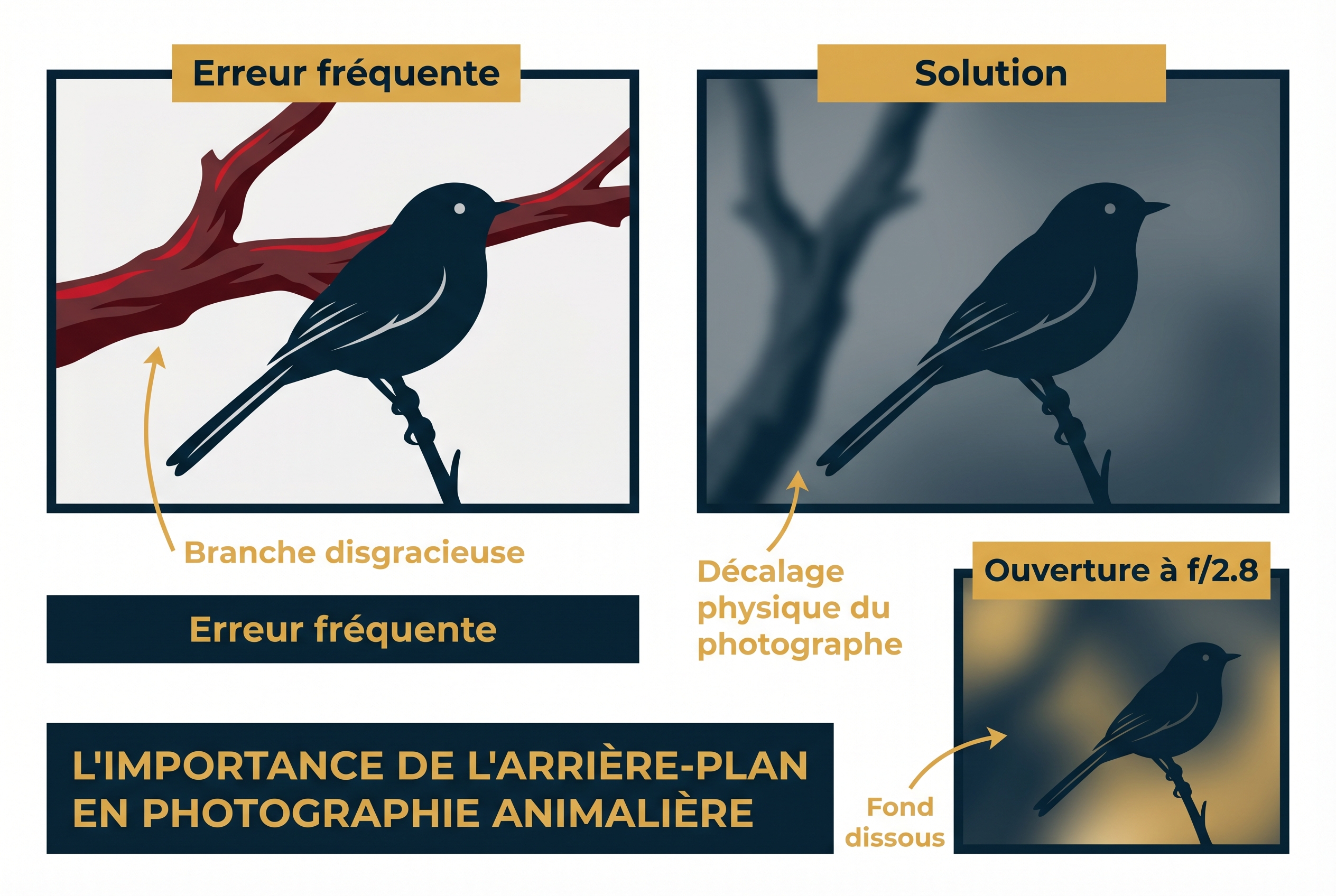 Profondeur de champ : le secret des bokeh incroyables 25 Schéma pédagogique expliquant l'impact de la profondeur de champ et de l'ouverture f/2.8 pour isoler un oiseau et flouter un arrière-plan distrayant.