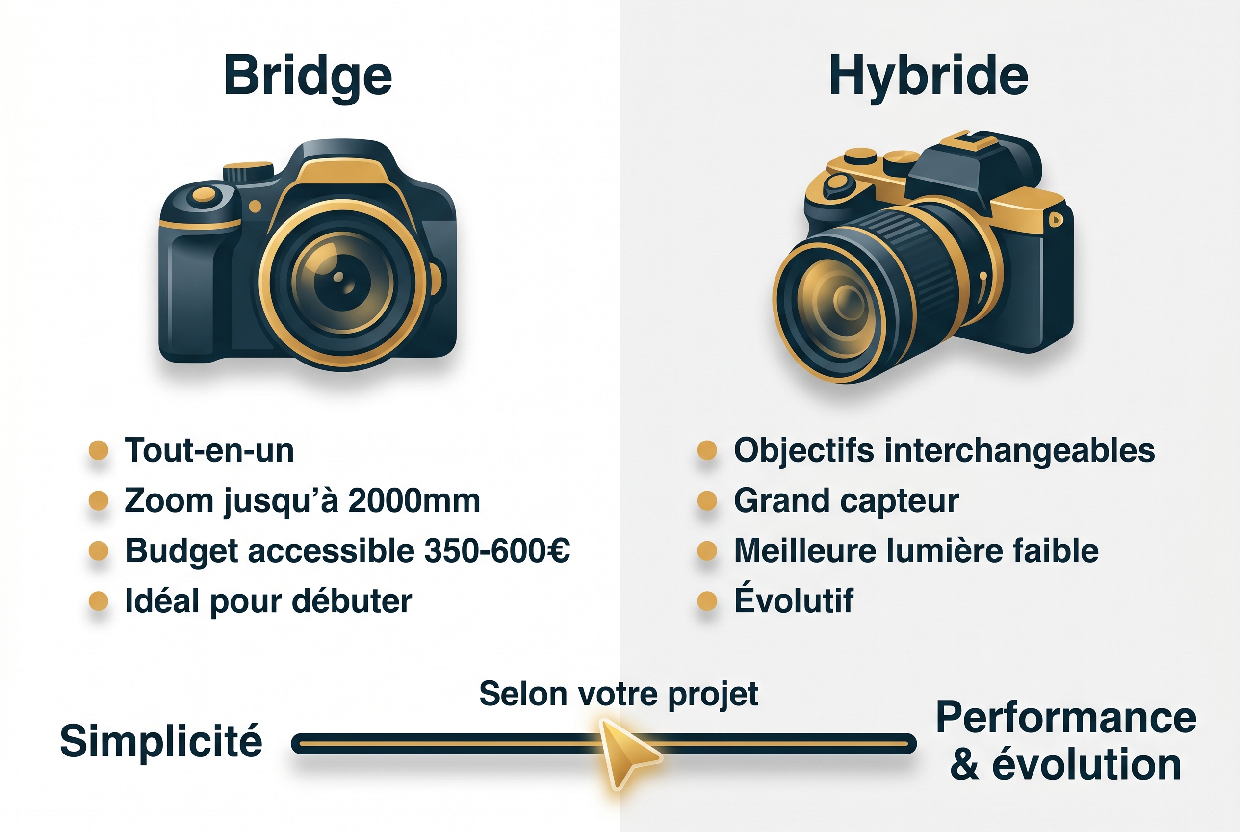 Infographie comparative pour choisir son appareil photo : caractéristiques du bridge tout-en-un face à l'hybride à objectifs interchangeables.