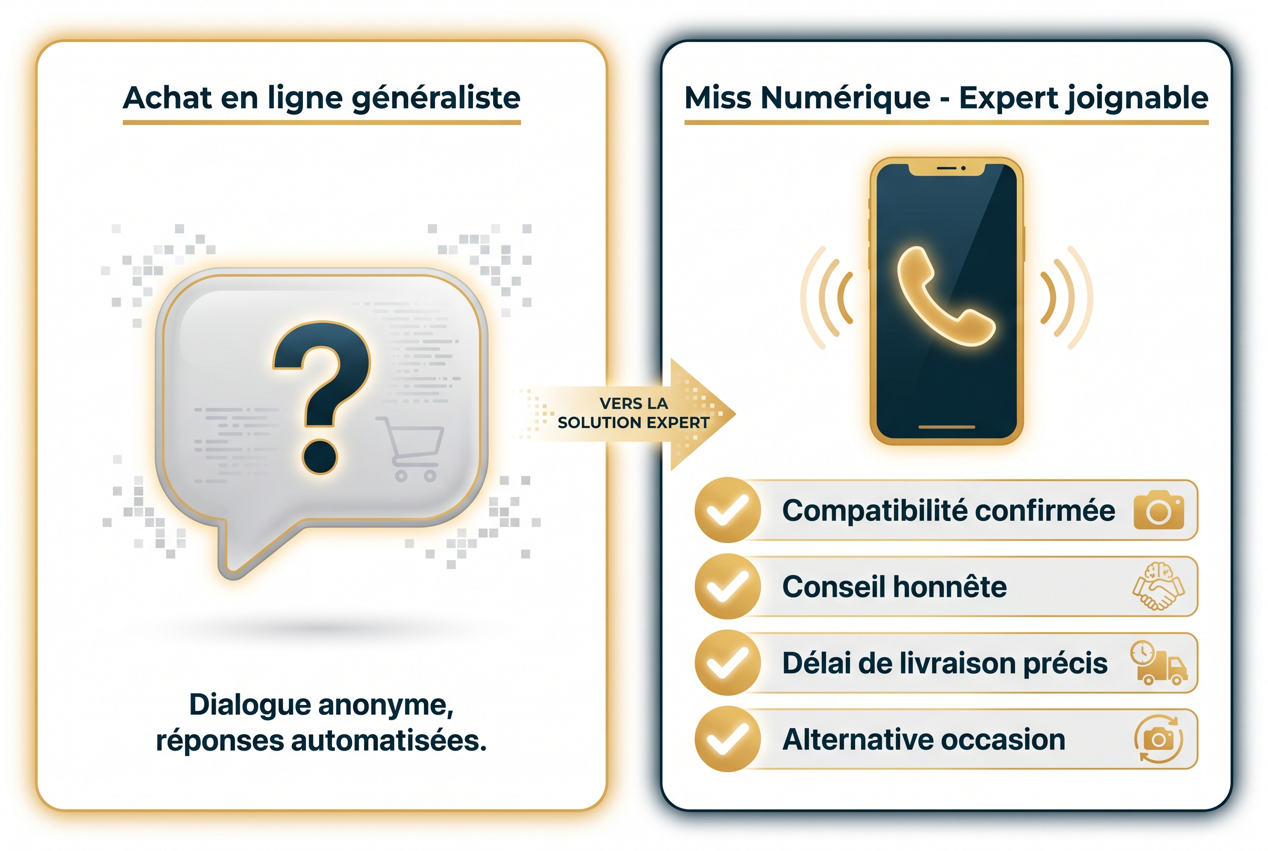 Infographie comparative illustrant les avantages d'acheter son appareil photo chez l'expert Miss Numérique face à un site de vente en ligne généraliste.