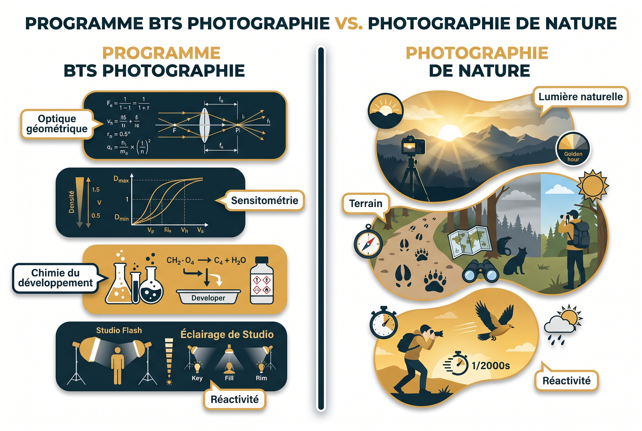 Illustration éducative comparant le programme académique du BTS photographie (optique, sensitométrie, chimie) et l'apprentissage de la photographie de nature sur le terrain.