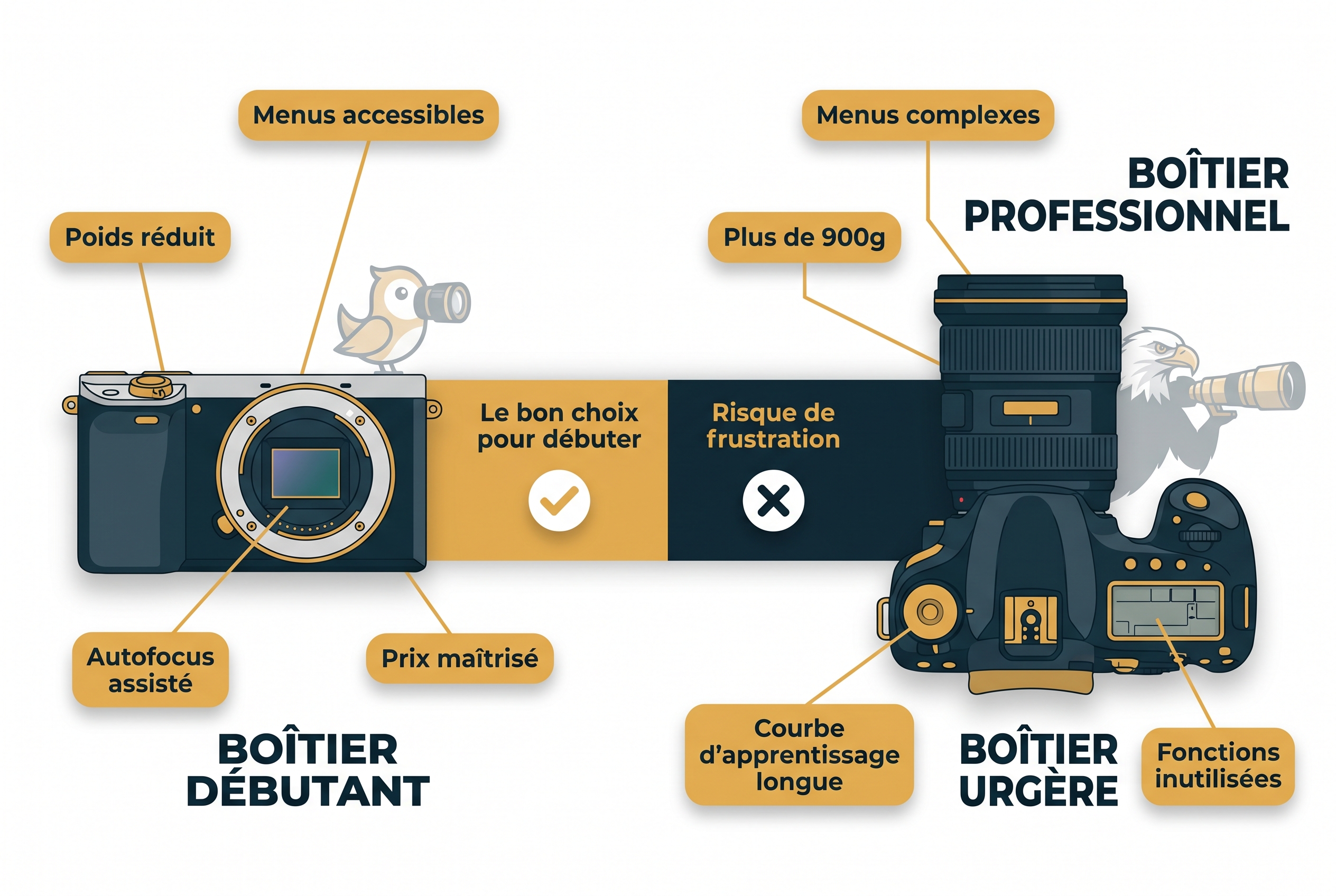 Infographie pédagogique comparant un boîtier photo hybride APS-C pour débutant et un appareil reflex professionnel pour la photo de nature.