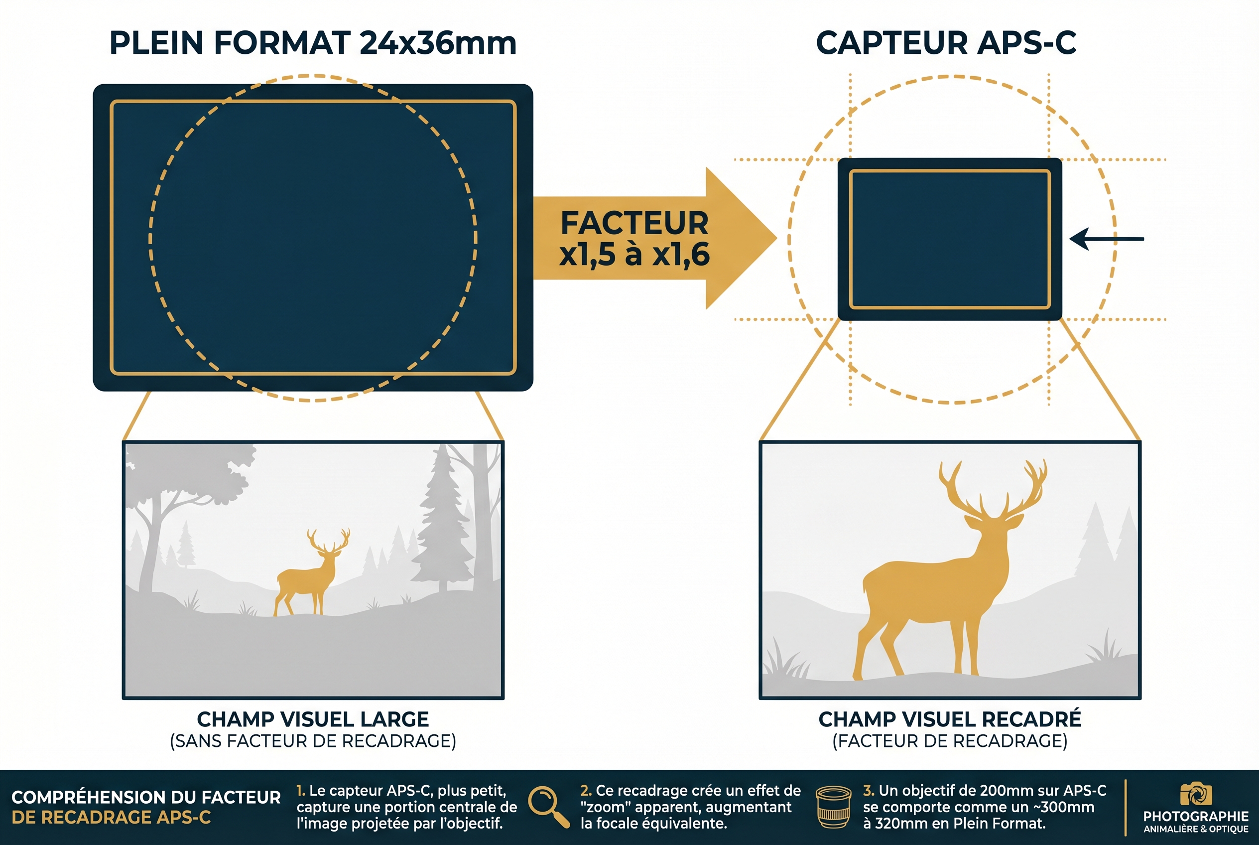 Schéma pédagogique comparant un capteur Plein Format et un capteur APS-C pour illustrer le facteur de recadrage en photo animalière.