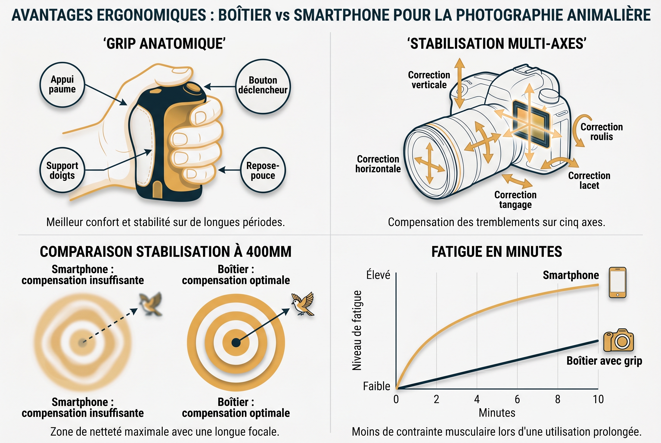 Schéma comparatif entre appareil photo ou smartphone montrant les avantages du grip ergonomique et de la stabilisation pour la photo animalière.