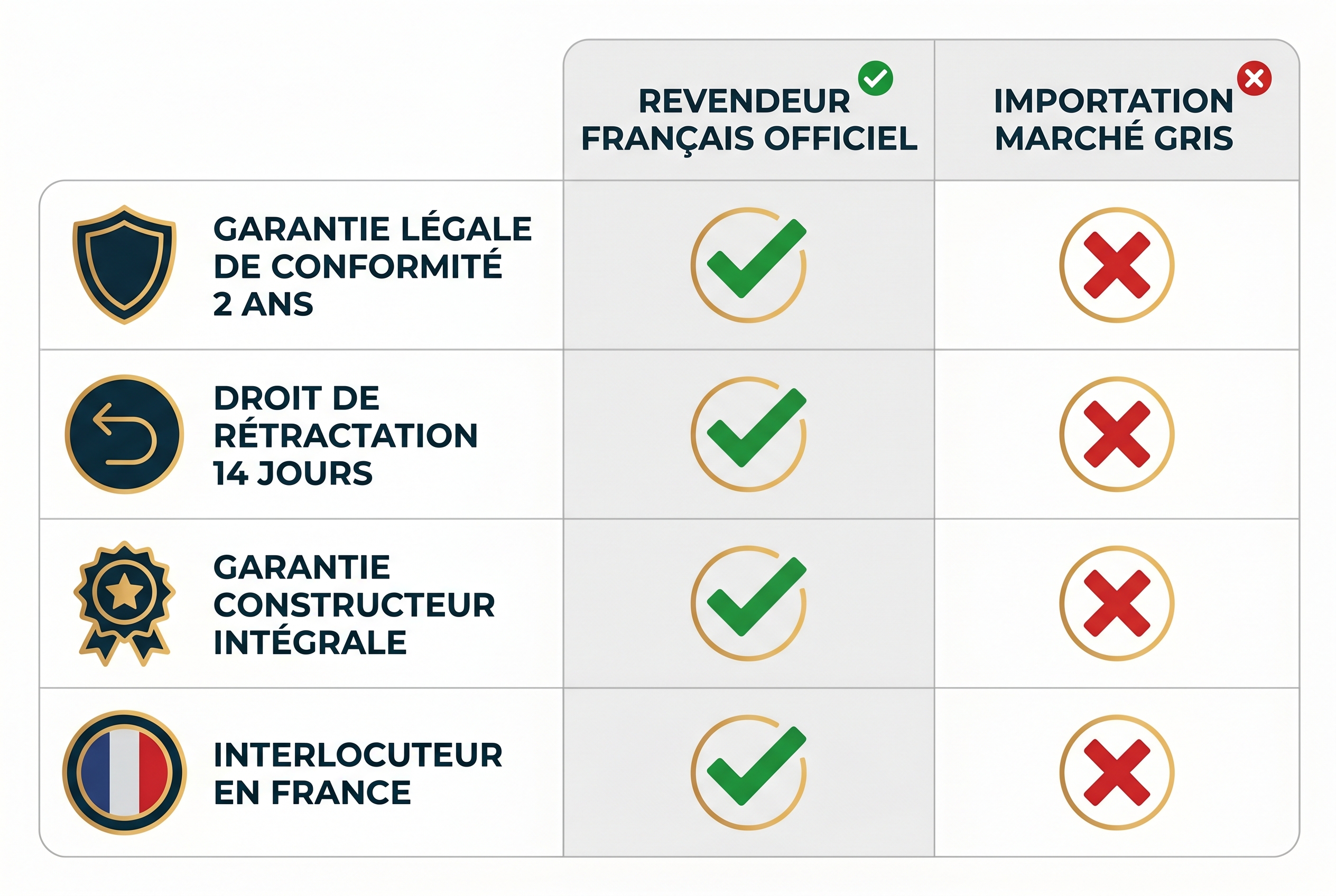 Tableau comparatif des garanties entre un revendeur français comme Miss Numérique et le marché gris : garantie 2 ans, SAV en France et droit de rétractation.