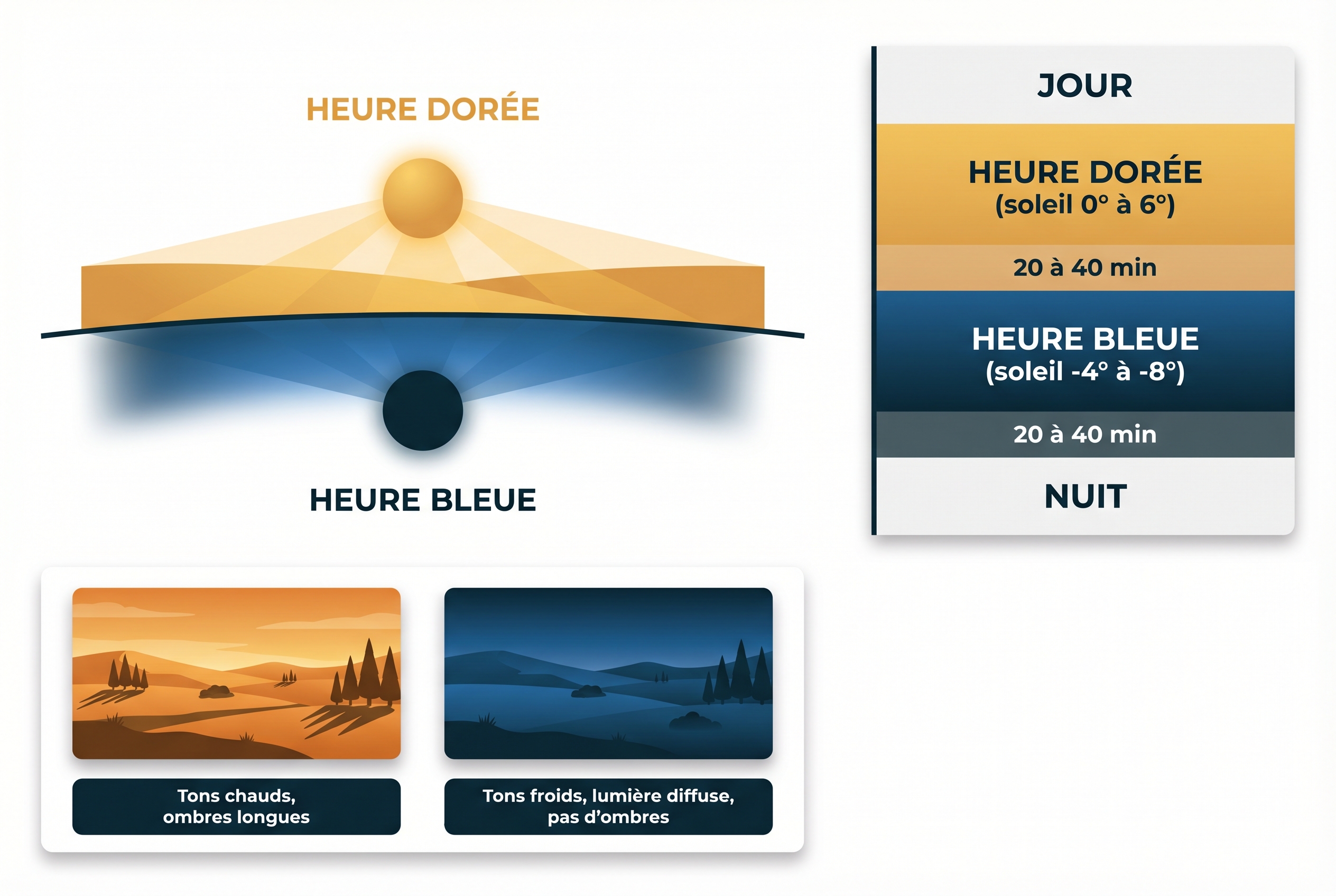 Golden-hour : comment (bien) la photographier 28 Infographie pédagogique expliquant la différence entre l'heure dorée et l'heure bleue : position du soleil, durée de 20 à 40 min et comparaison des tonalités chaudes et froides.