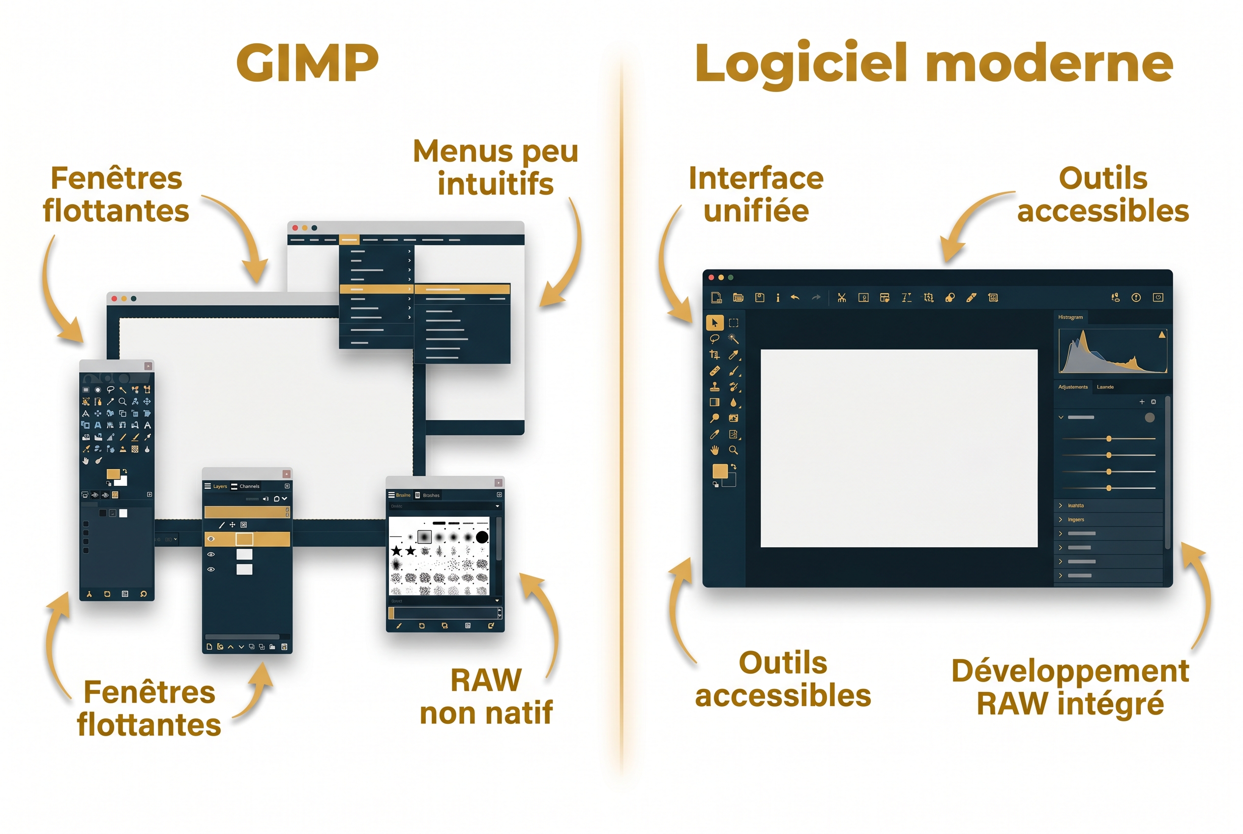 Illustration comparative entre l'interface complexe de GIMP et une interface moderne, pour choisir une alternative à Photoshop ergonomique.