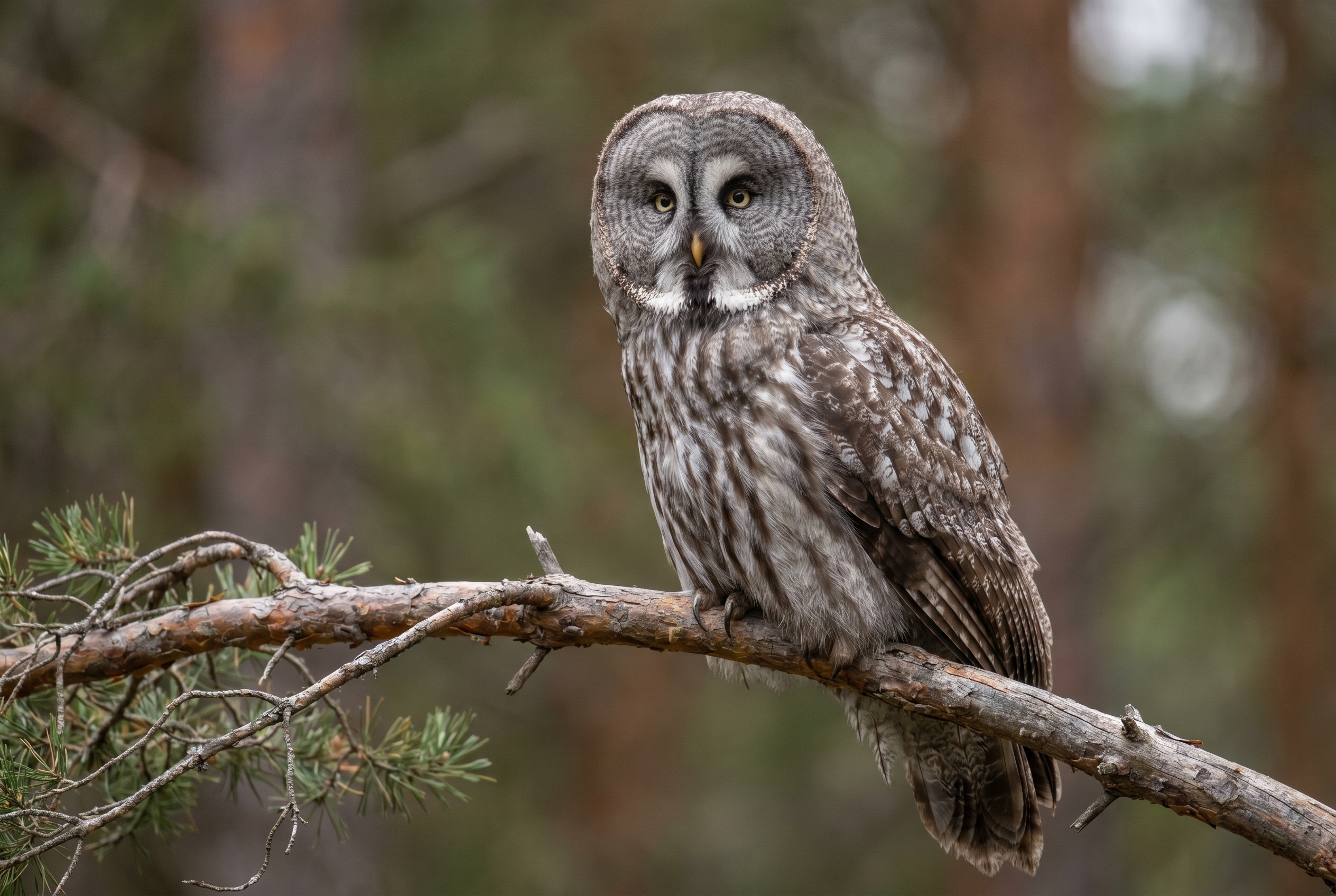 Lightroom vs Capture One : le comparatif simple pour ne plus se tromper de logiciel 17 Gros plan détaillé d'une chouette lapone sur une branche de pin, illustrant la précision des détails pour un comparatif Lightroom vs Capture One.