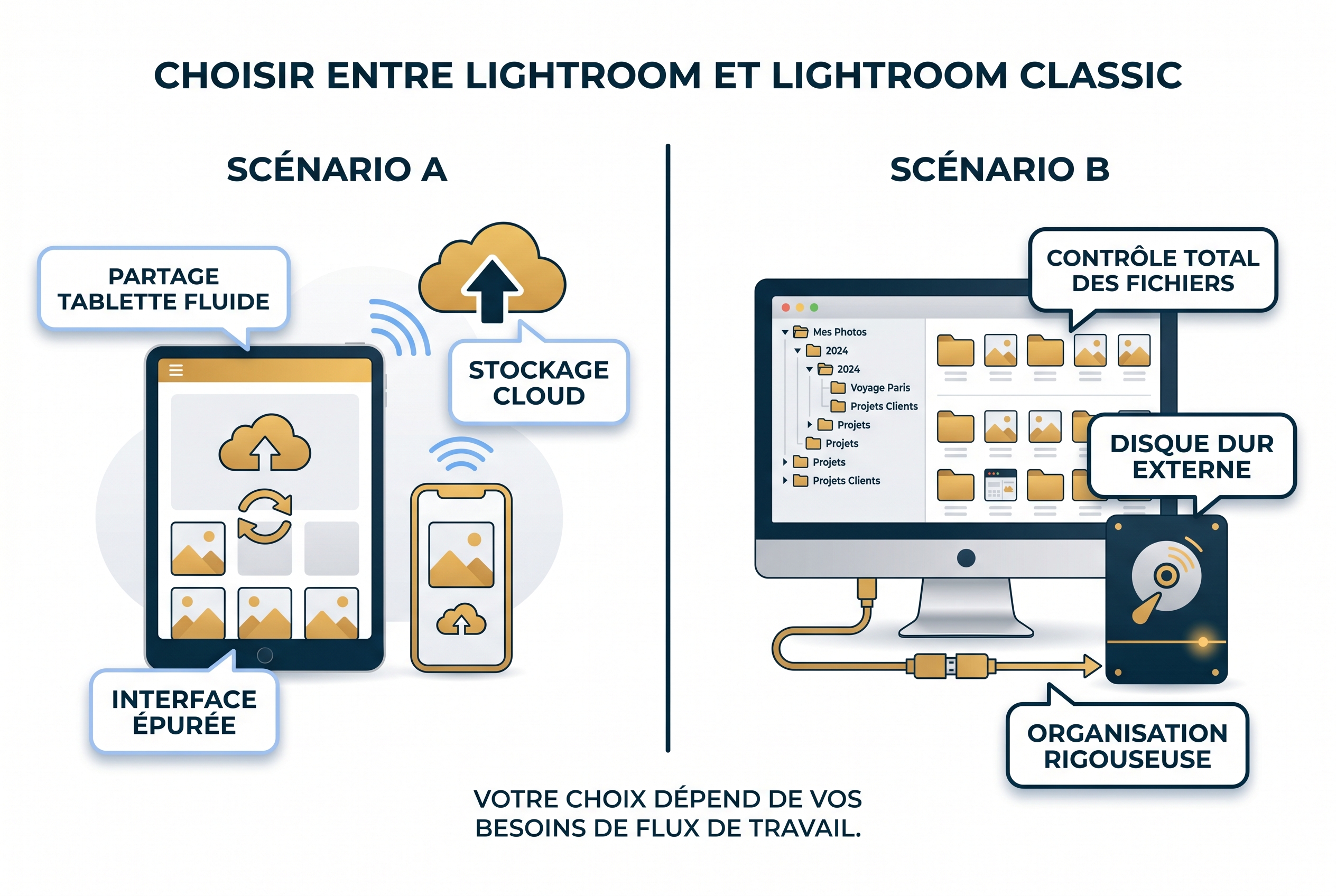 Illustration comparative entre Lightroom et Lightroom Classic : à gauche le stockage Cloud sur tablette, à droite l'organisation sur disque dur externe.