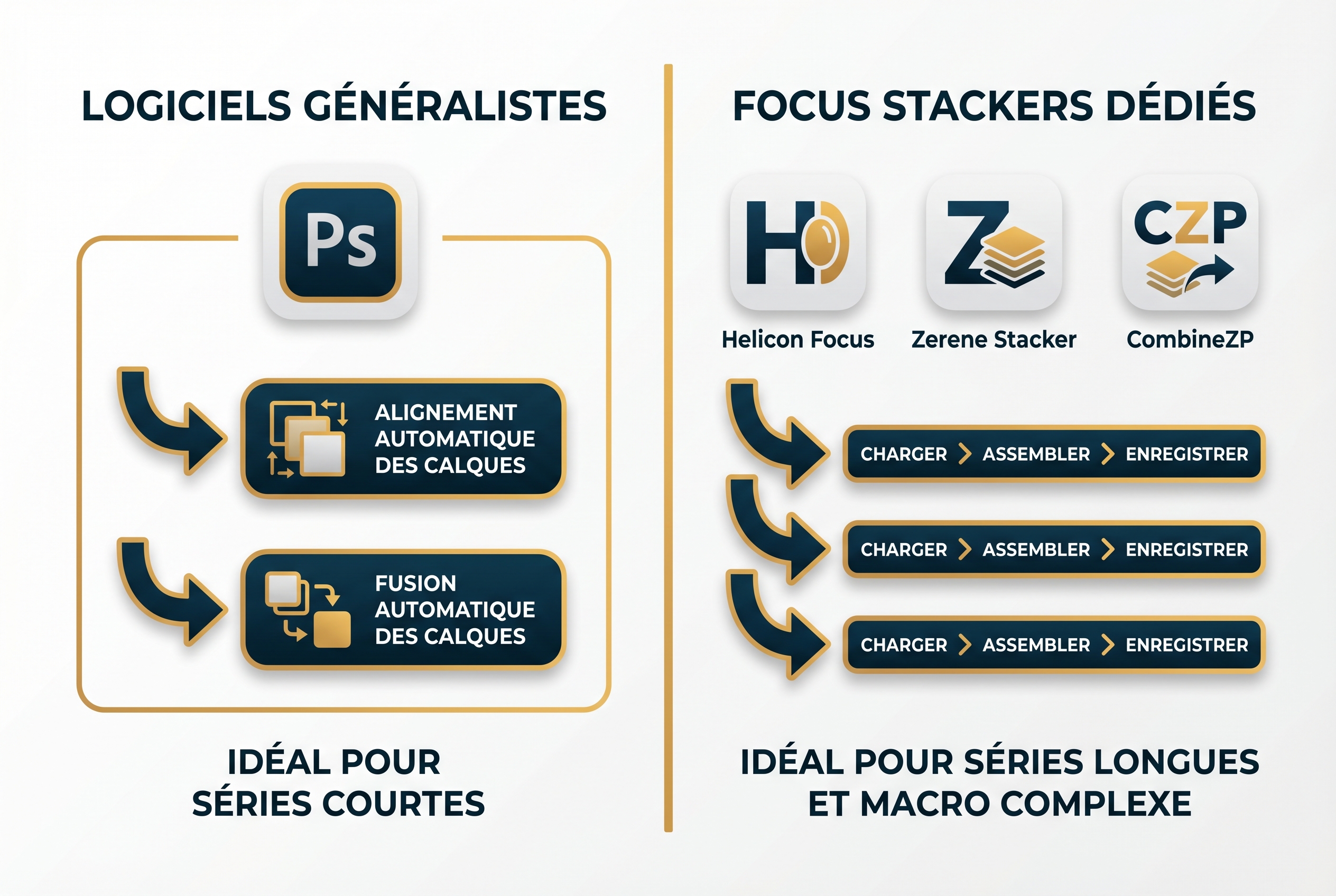Le focus stacking : comment avoir des photos 100% nettes 25 Illustration pédagogique comparant le workflow de focus stacking entre Photoshop (logiciel généraliste) et les logiciels dédiés comme Helicon Focus et Zerene Stacker.