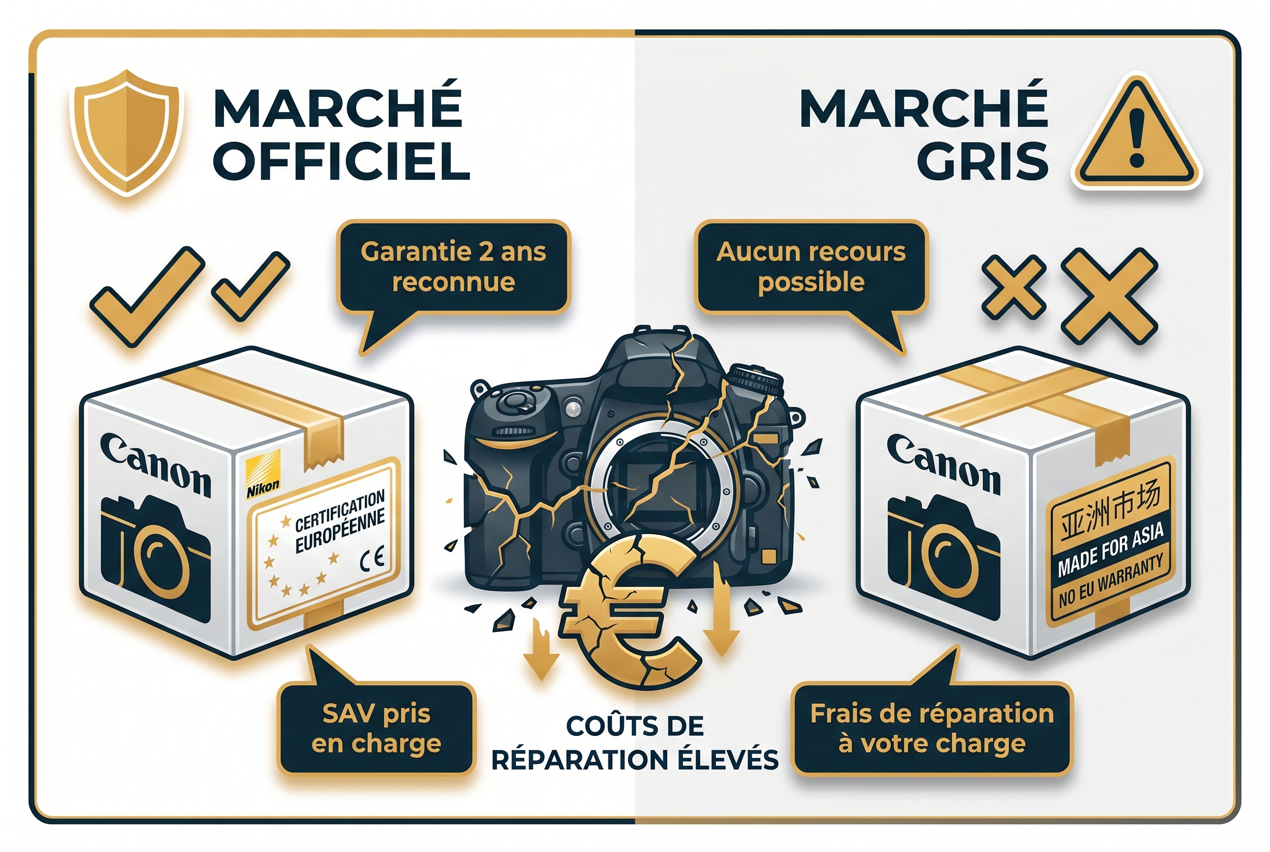 Illustration comparative entre le marché officiel européen et le marché gris pour l'achat d'un appareil photo, soulignant la fiabilité de Digit-Photo.