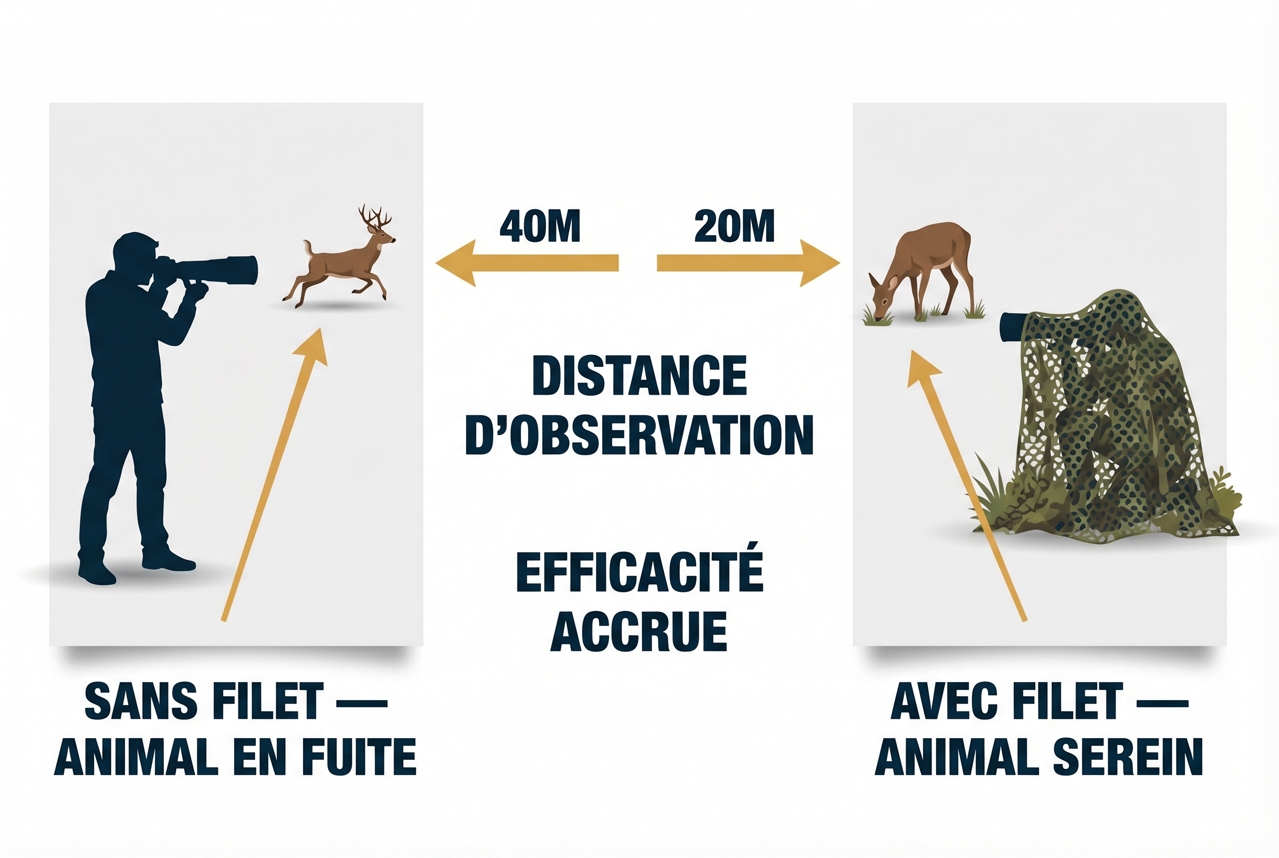 Illustration pédagogique comparant l'efficacité d'un filet de camouflage 3D par rapport à l'absence de camouflage pour s'approcher d'un cerf en photographie animalière.