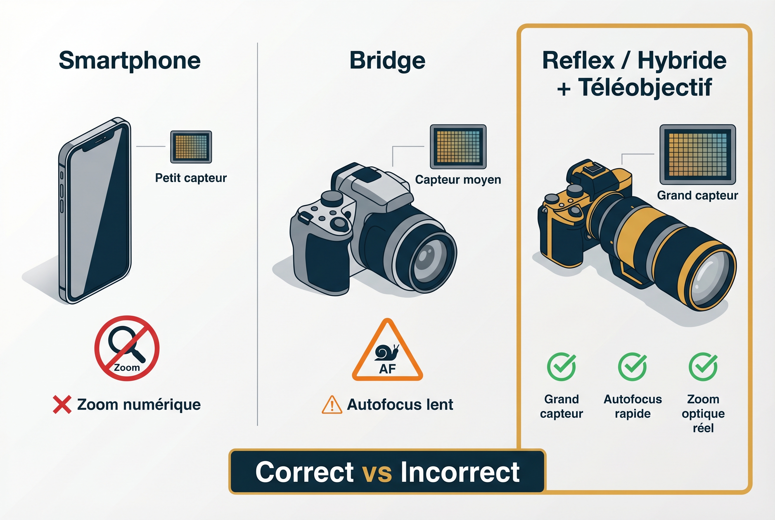 Illustration pédagogique comparant les performances d'un smartphone, d'un bridge et d'un appareil hybride avec téléobjectif pour photographier des animaux.