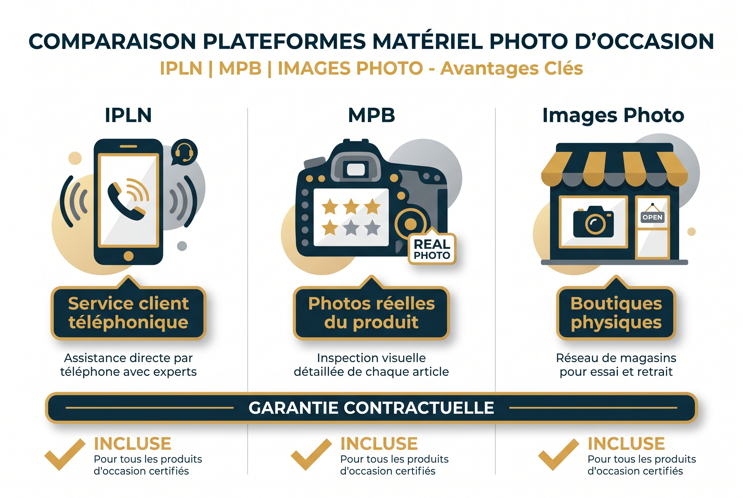 Quel est le meilleur site d'occasion photo ? Le guide pour acheter sans risque 17 Infographie comparative pour choisir le meilleur site d'occasion photo entre IPLN, MPB et Images Photo, mettant en avant les garanties et le sérieux des services.