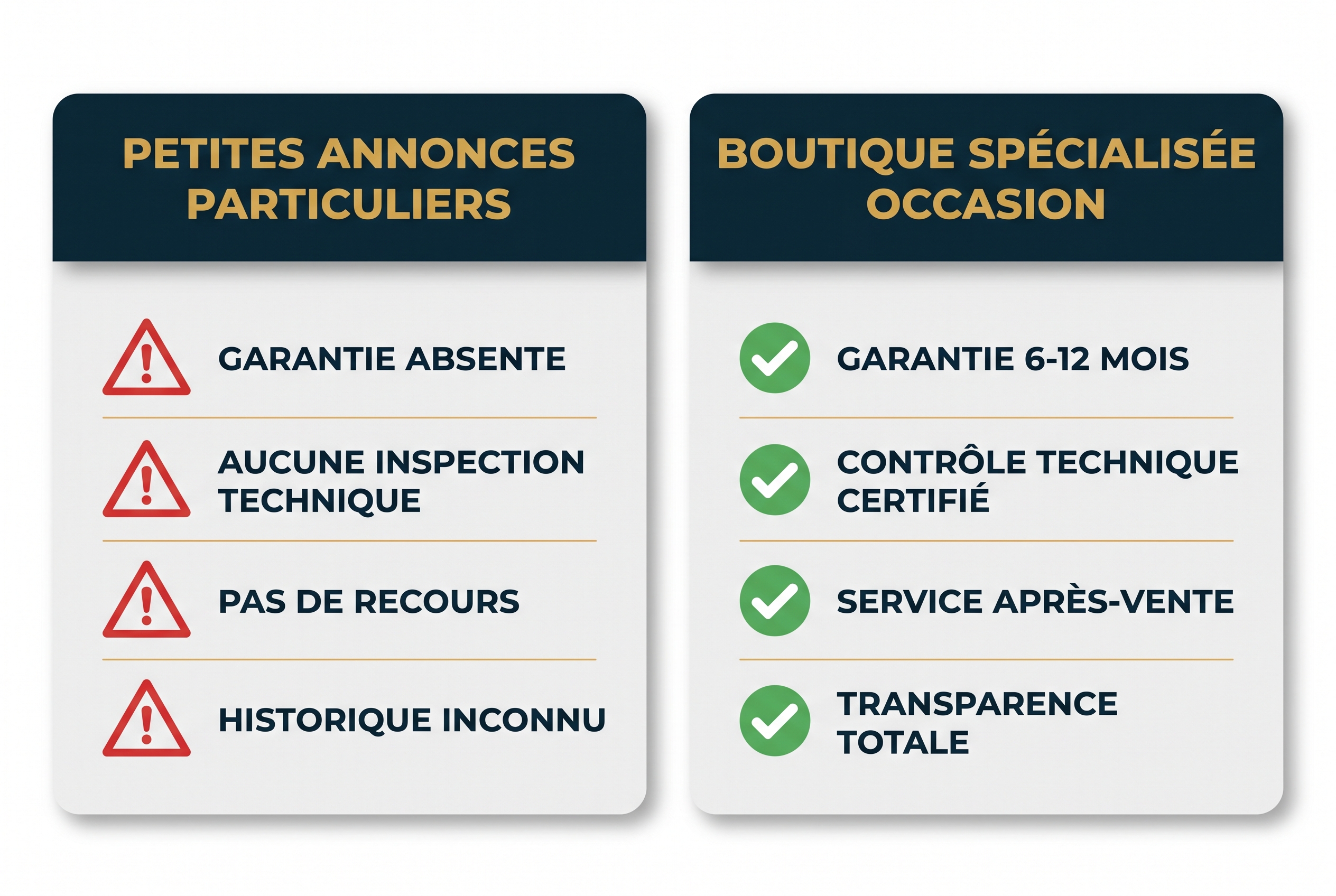 Quel est le meilleur site d'occasion photo ? Le guide pour acheter sans risque 22 Infographie comparative pour choisir le meilleur site occasion photo montrant les risques des particuliers (pas de garantie) versus la sécurité des boutiques (contrôle technique, SAV).