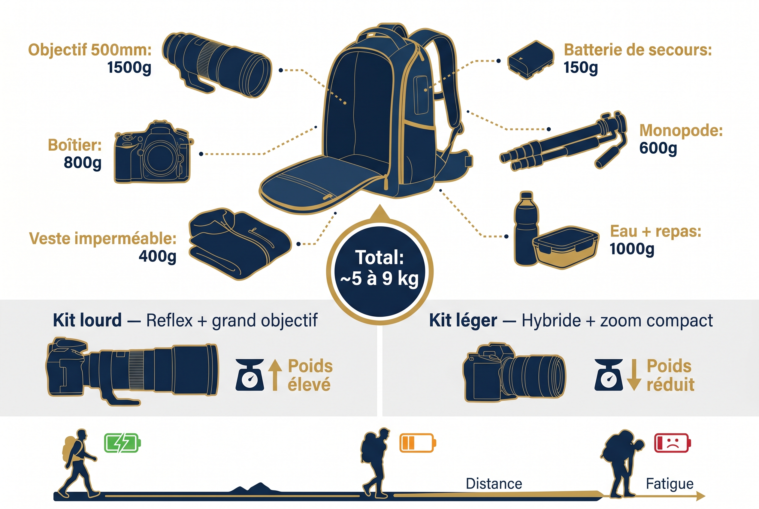 Illustration éducative montrant le poids d'un sac à dos pour appareil photo animalière avec un comparatif entre un kit reflex lourd et un kit hybride léger.