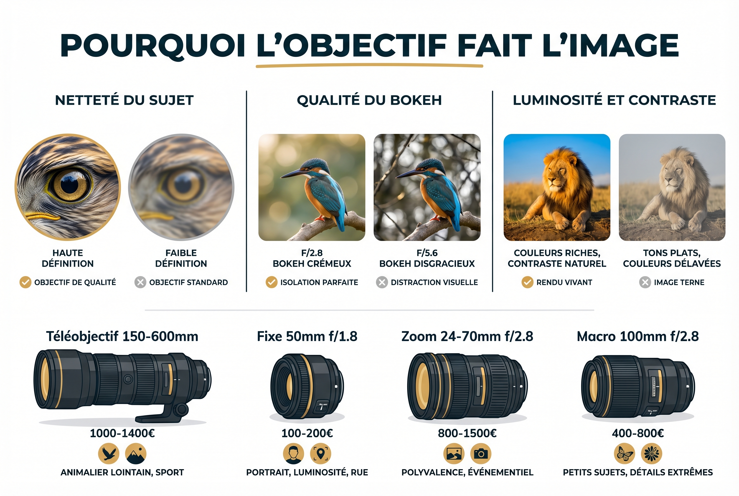 Infographie pédagogique comparant l'impact de la qualité des objectifs sur la netteté, le bokeh et le contraste pour devenir photographe professionnel.