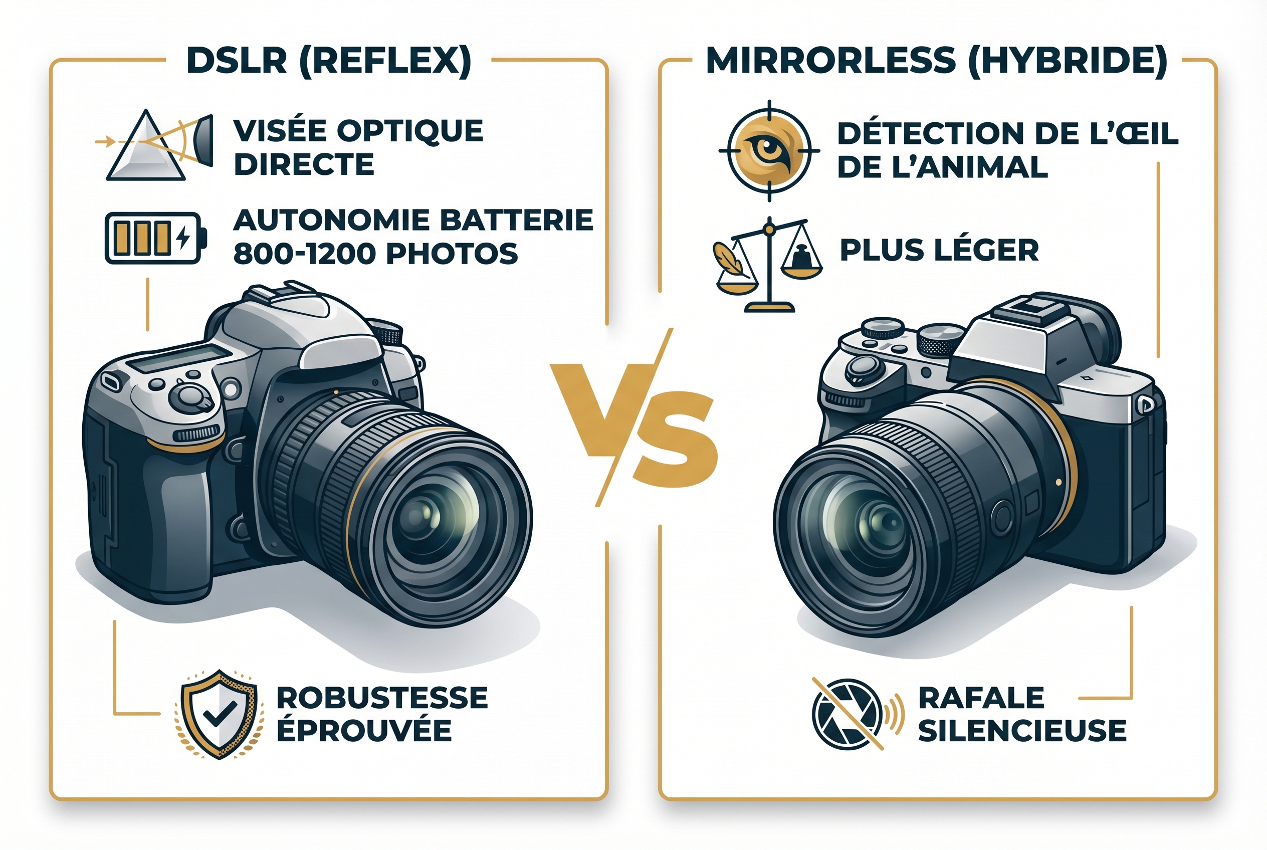 Illustration comparative entre un boîtier reflex et un appareil hybride pour choisir son matériel de photo animalière, incluant les avantages de l'autonomie et de l'autofocus intelligent.