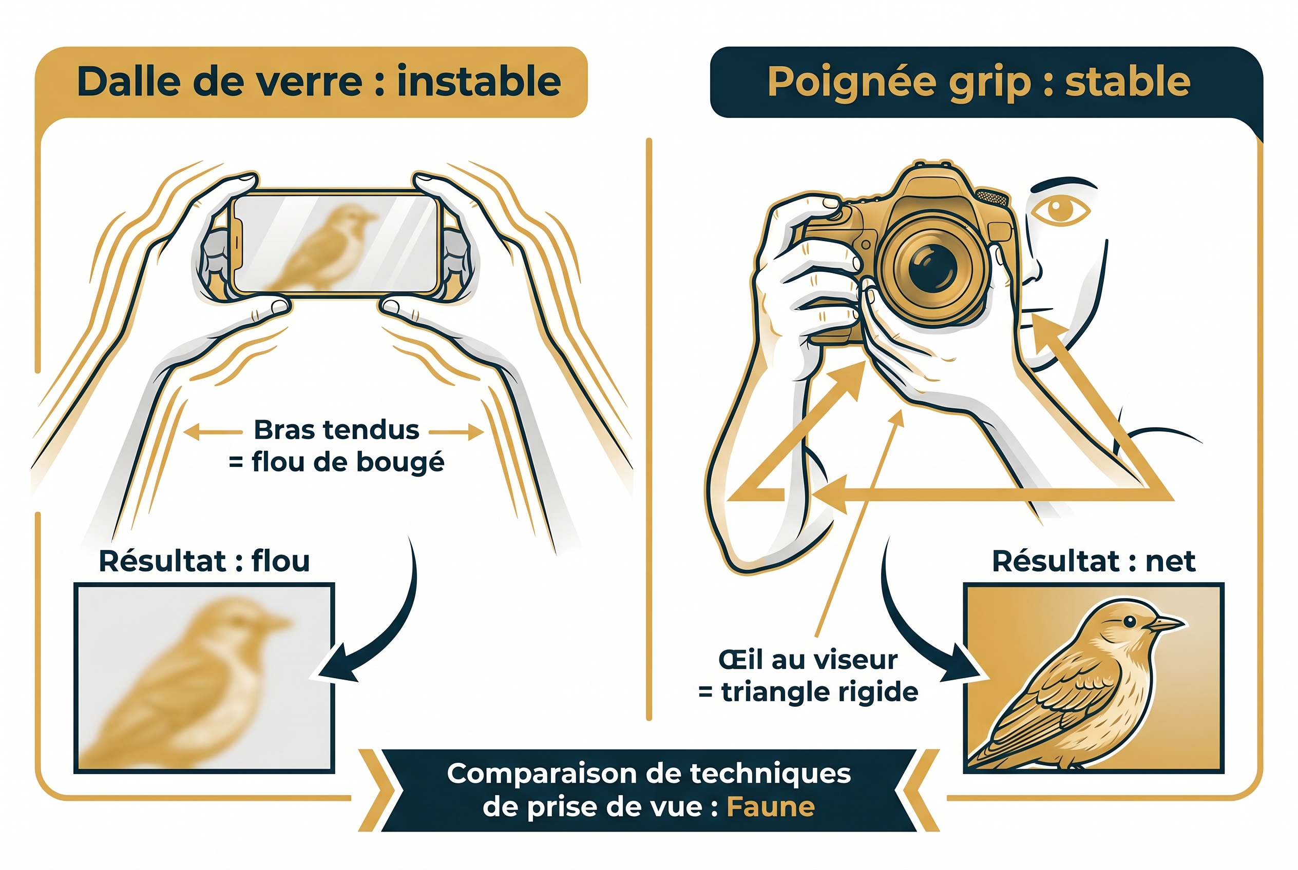 Illustration pédagogique comparant la stabilité d'un appareil photo (prise en main ergonomique) face à un smartphone (bras tendus) pour la photographie animalière.