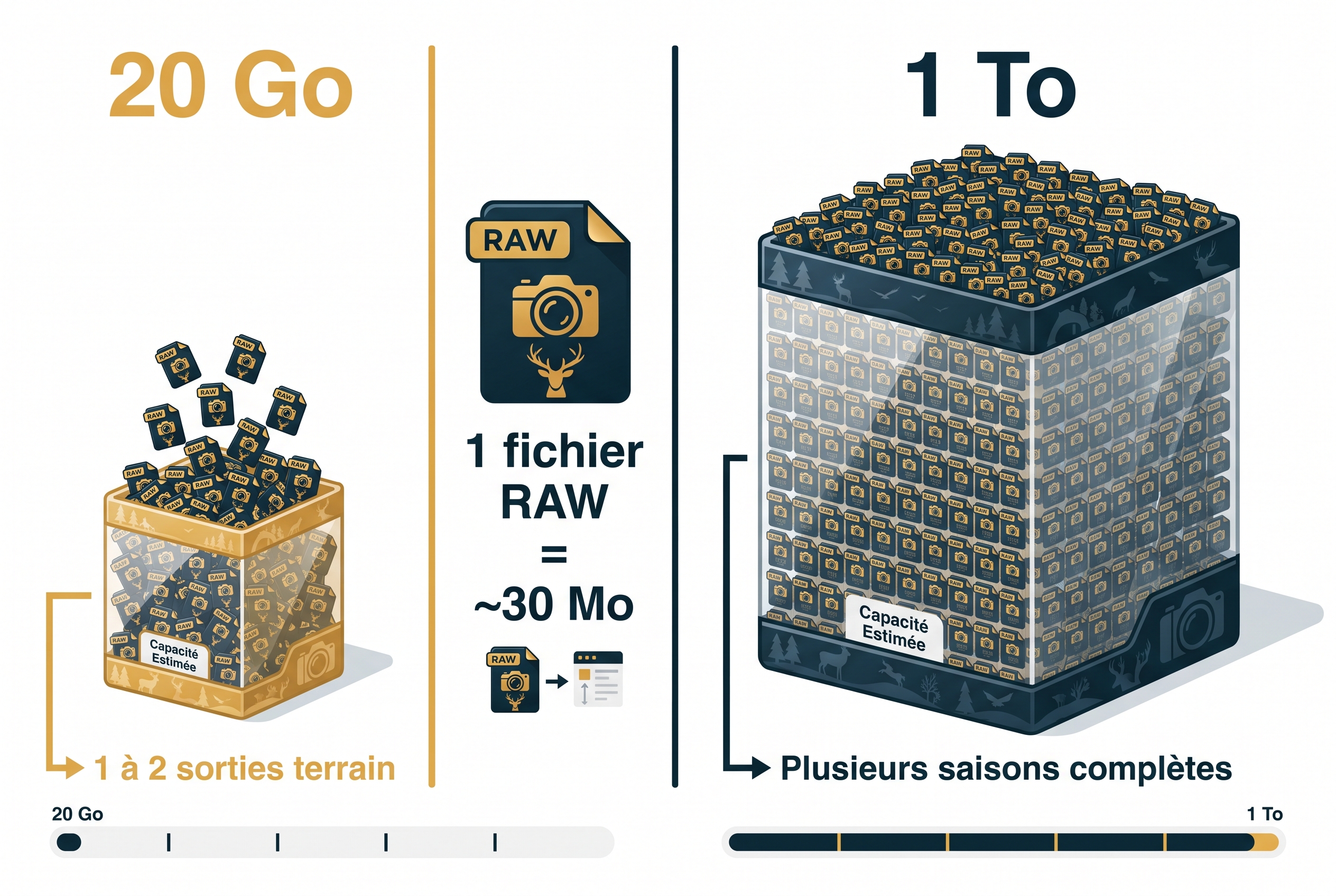Infographie pédagogique comparant la capacité de stockage de 20 Go contre 1 To pour des fichiers RAW de photographie animalière.