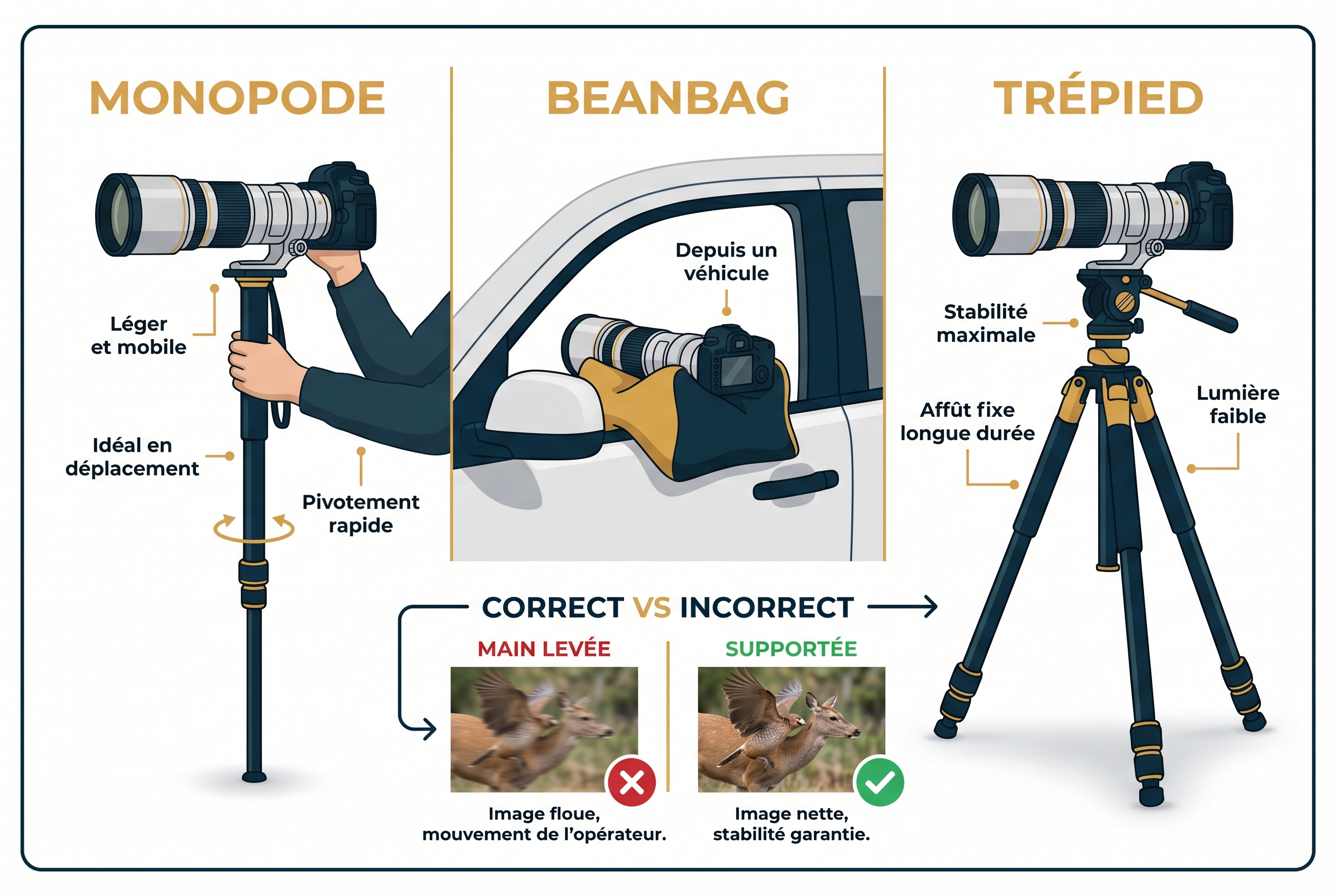 Infographie pédagogique comparant le monopode, le trépied et le beanbag pour la photo animalière débutant, avec conseils pour obtenir des images nettes.