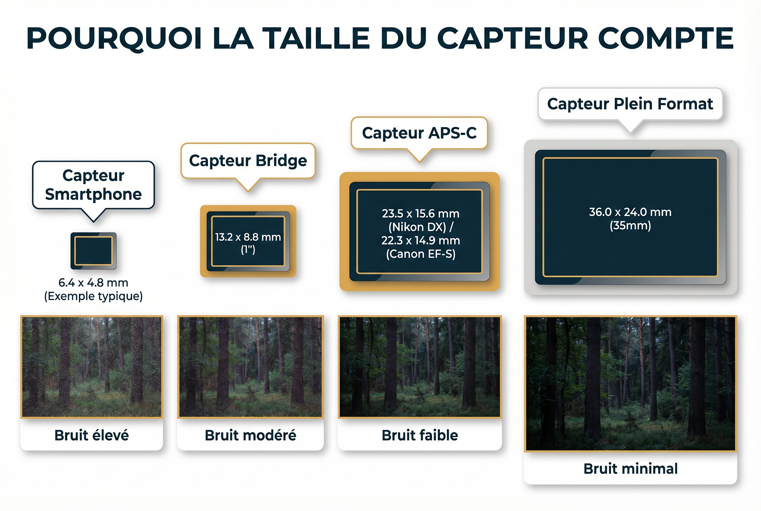 Schéma pédagogique comparant les tailles de capteurs photo (Smartphone, Bridge, APS-C, Plein Format) et leur impact sur le bruit numérique.