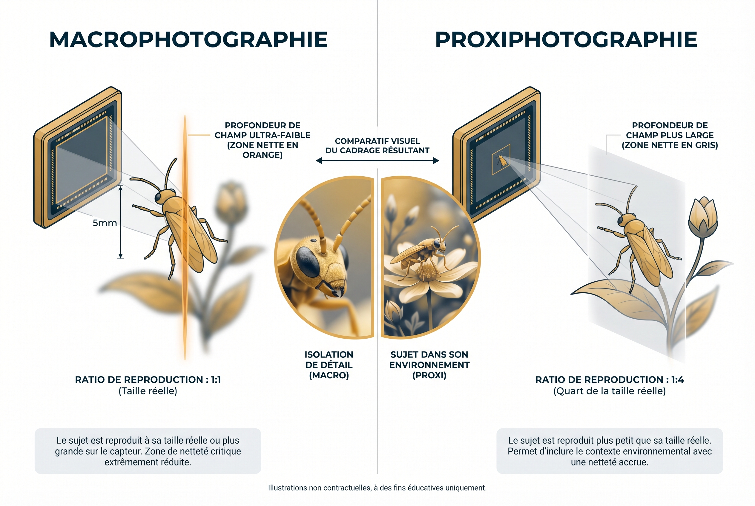 Schéma pédagogique comparant le rapport de reproduction 1:1 de la macrophotographie et le rapport 1:4 de la proxiphotographie avec zones de profondeur de champ.