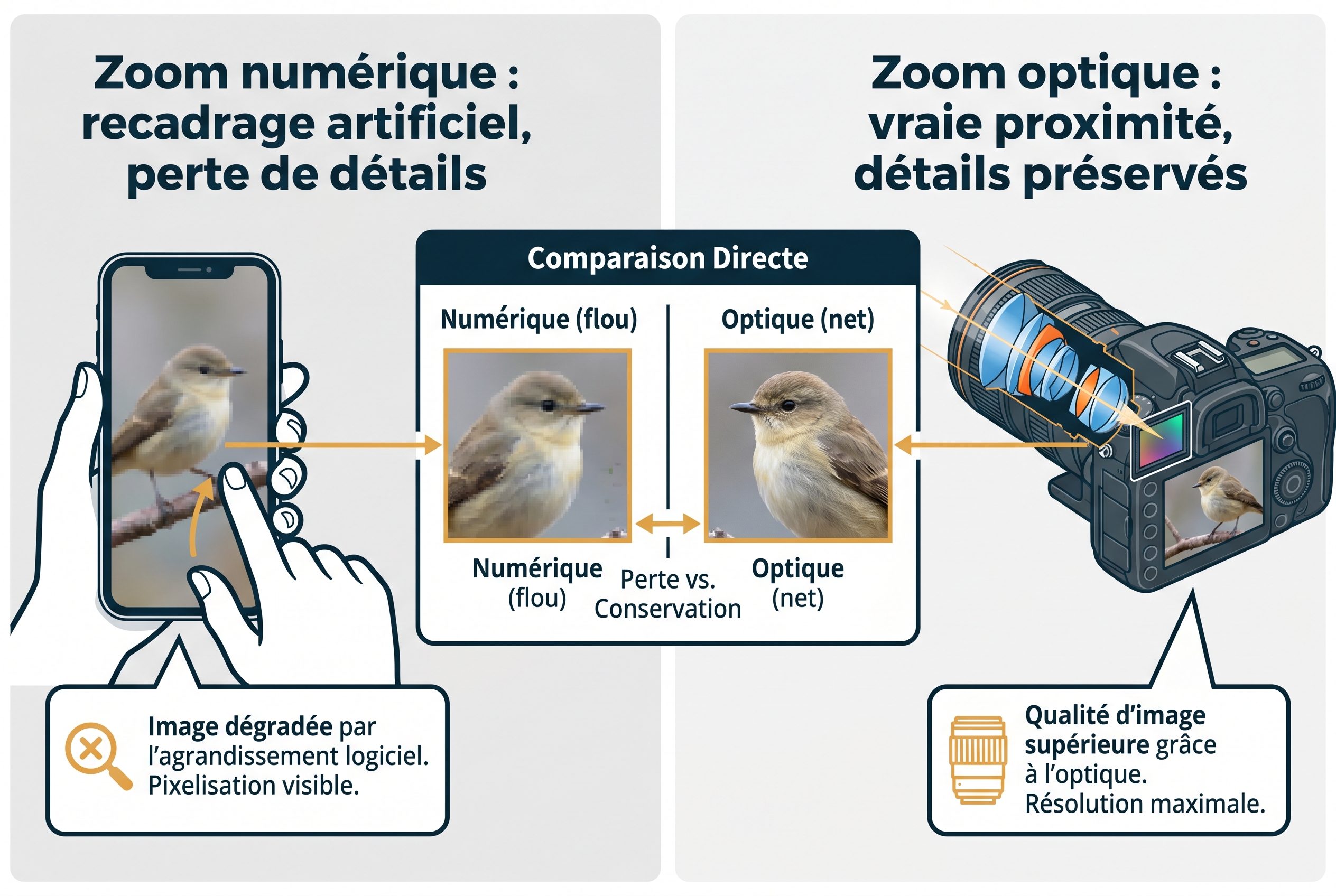 Illustration comparative montrant la perte de détails d'un zoom numérique de smartphone face à la netteté d'un zoom optique d'appareil photo sur un oiseau.