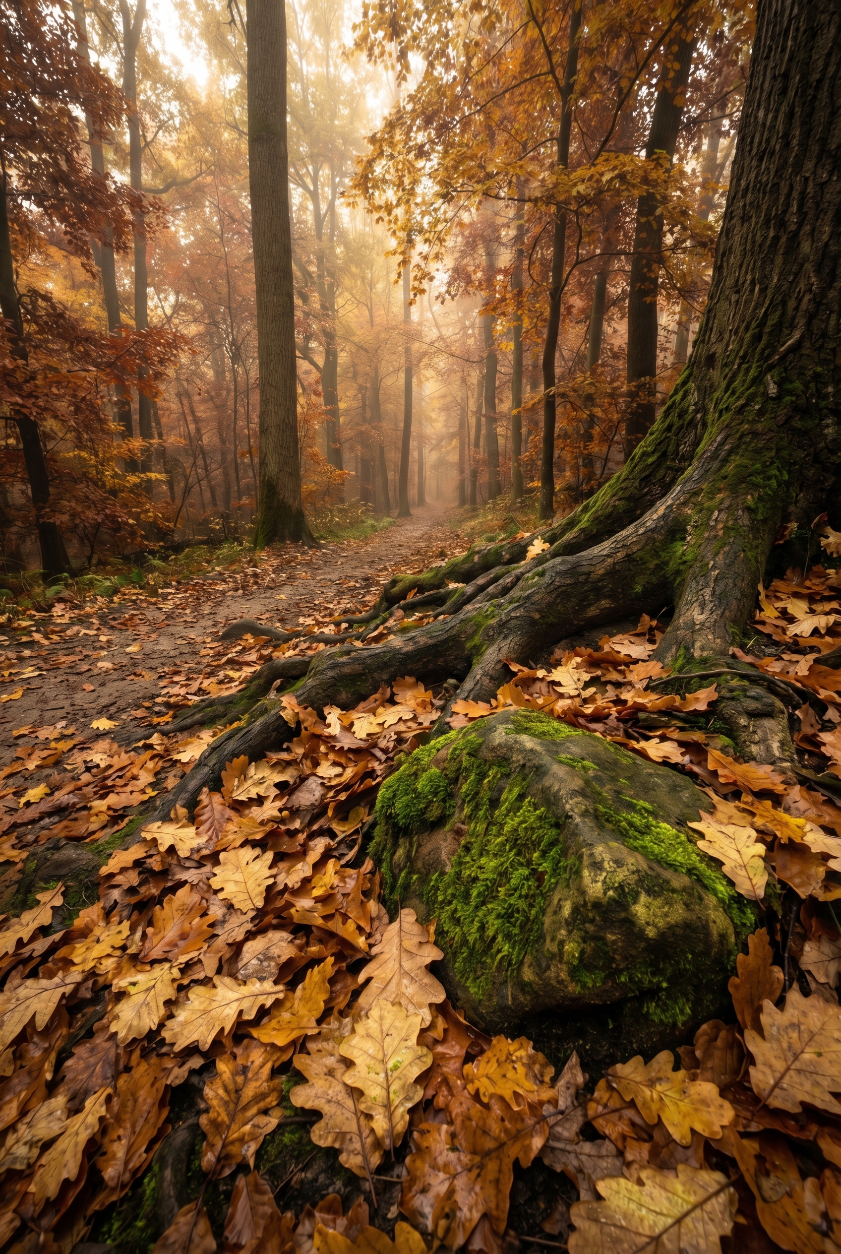Technique pour photographier la nature : un chemin forestier en automne avec un premier plan de feuilles dorées et une perspective profonde.
