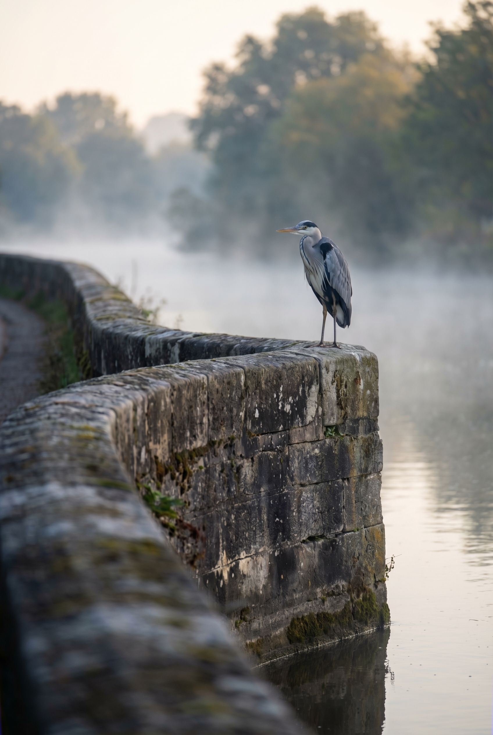 Héron cendré immobile sur une digue en pierre servant de ligne directrice pour créer de la profondeur en photographie de nature.