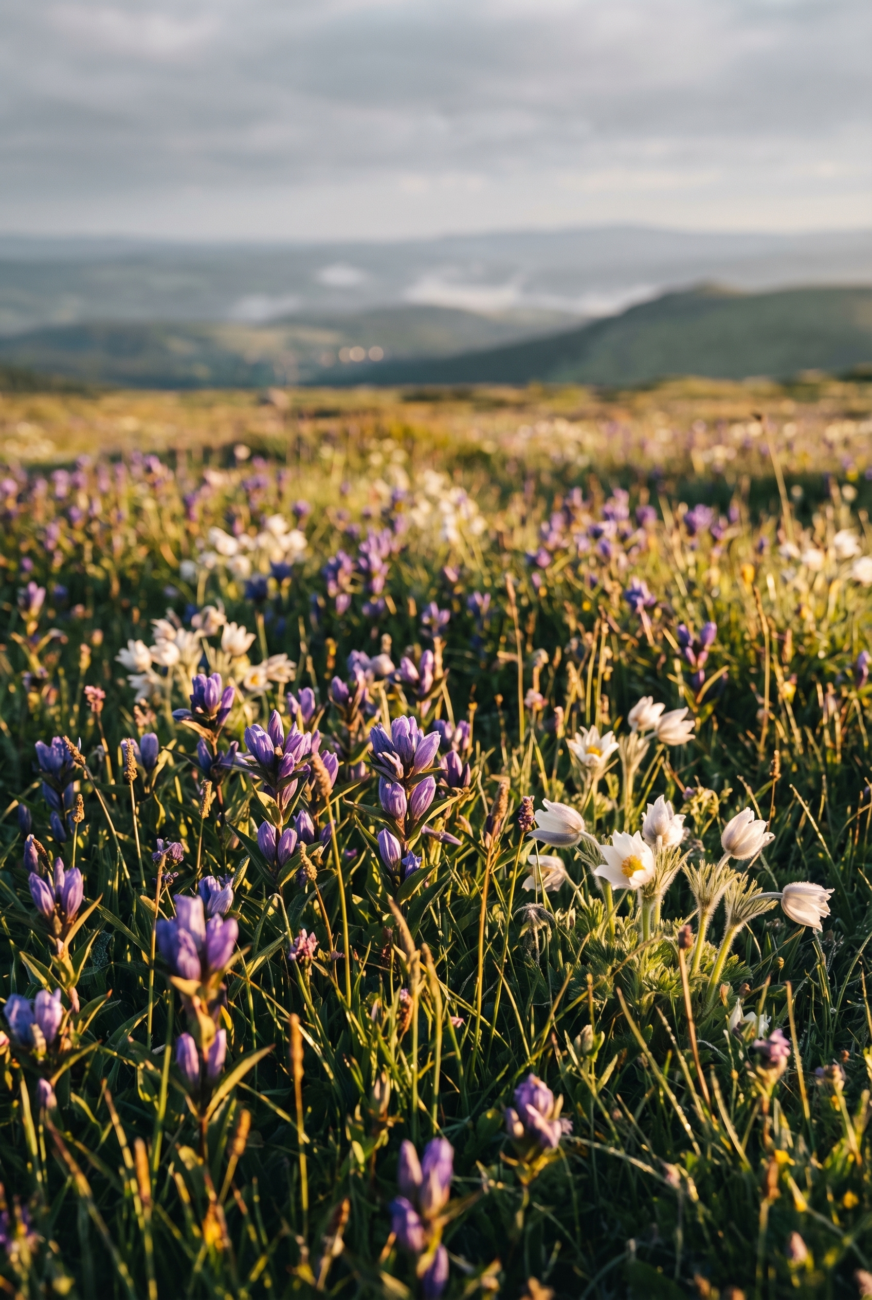 Photographie d'un paysage en Auvergne illustrant la règle des tiers avec l'horizon placé sur la ligne de force supérieure et un premier plan de fleurs sauvages.