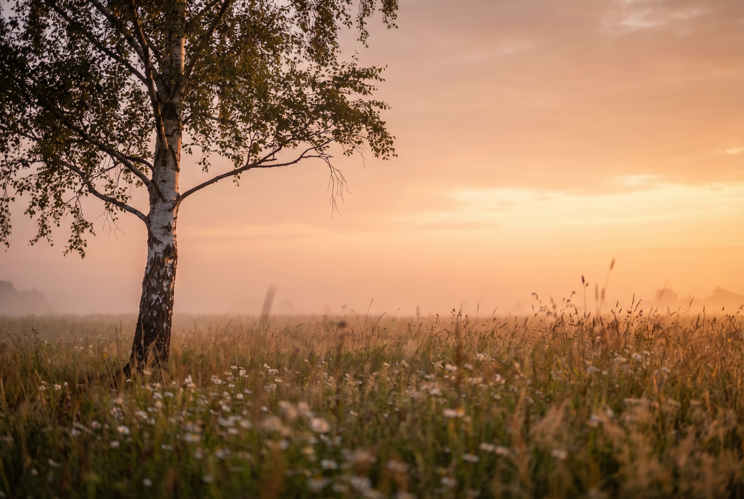 Un bouleau solitaire dans une prairie brumeuse au lever du soleil, exemple pour apprendre à photographier la nature.