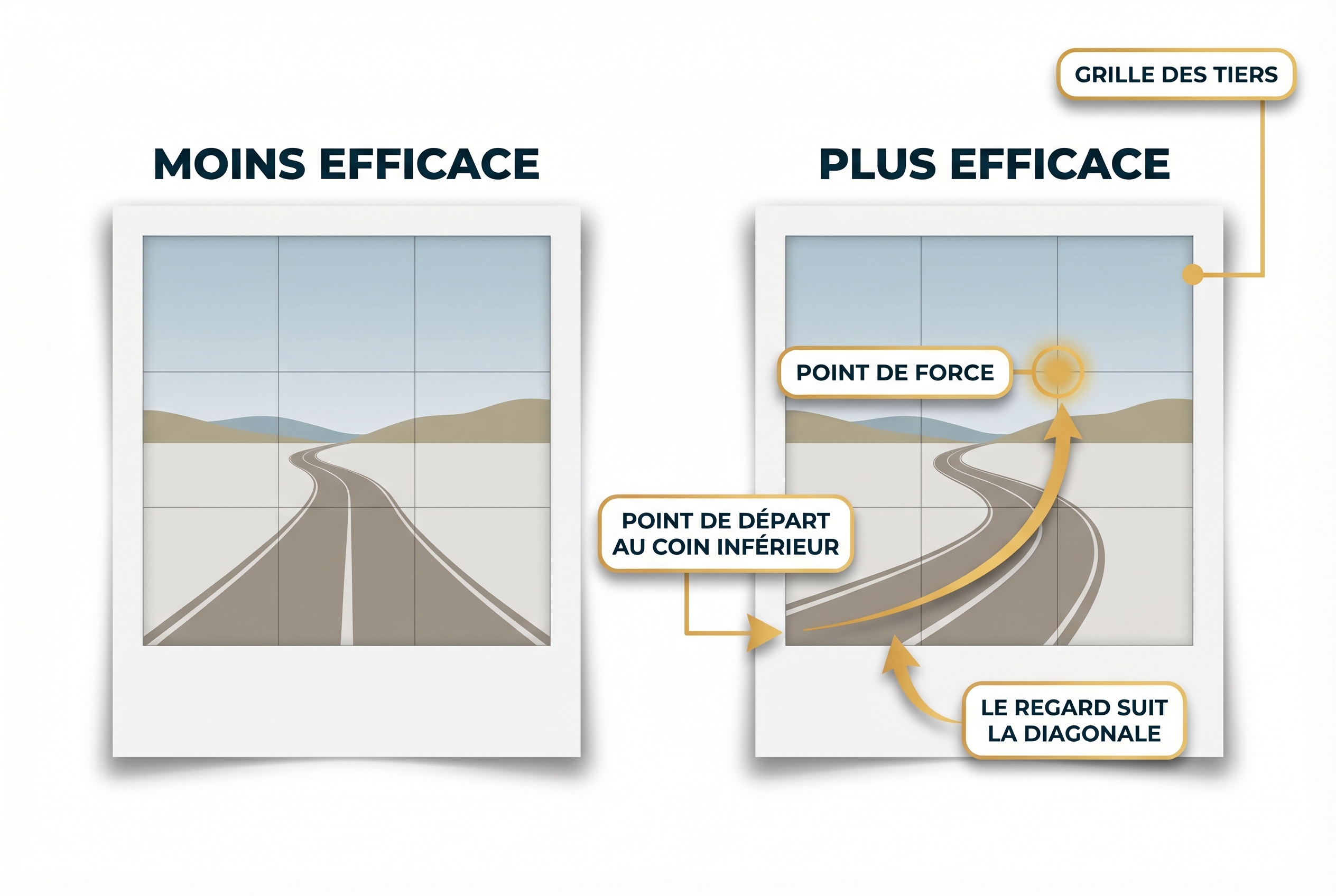 Schéma pédagogique comparant le placement des lignes directrices en photographie : exemple au centre vs ligne partant d'un coin vers un point de force.