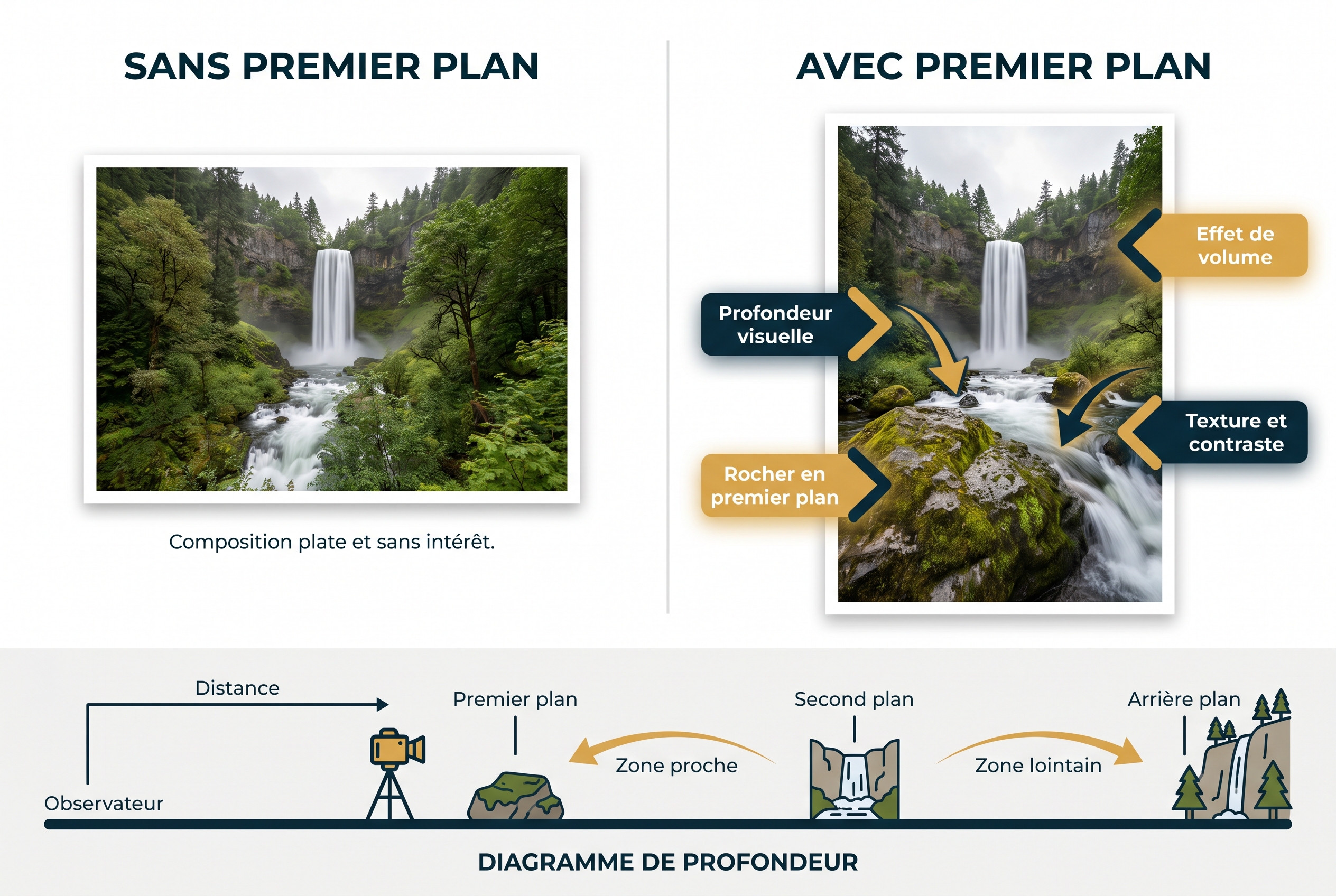 Illustration pédagogique comparant deux méthodes pour photographier une cascade : avec et sans rocher au premier plan pour créer de la profondeur visuelle.