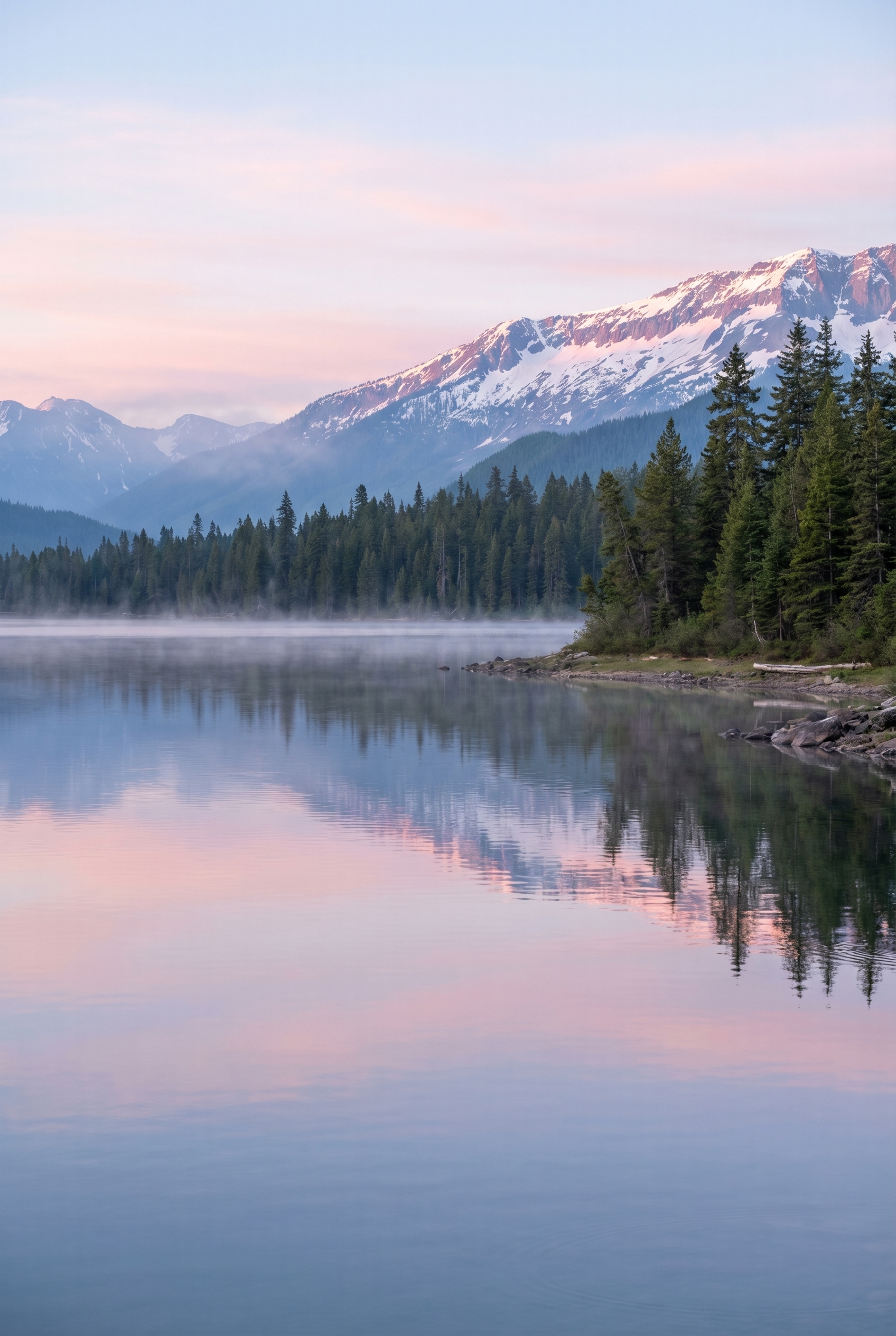 Exemple de lignes directrices en photographie de paysage : un lac de montagne calme à l'aube avec des couches horizontales de sommets enneigés et de reflets.