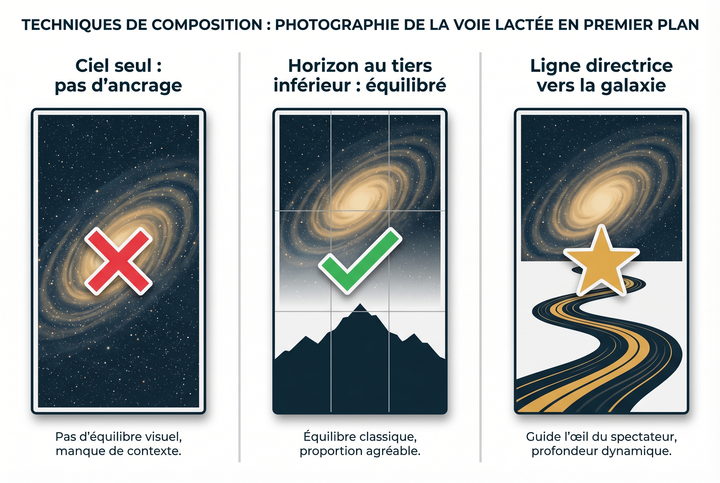 Illustration pédagogique expliquant comment photographier la voie lactée en utilisant un premier plan : comparaison entre un ciel seul, la règle des tiers et l'usage de lignes directrices.
