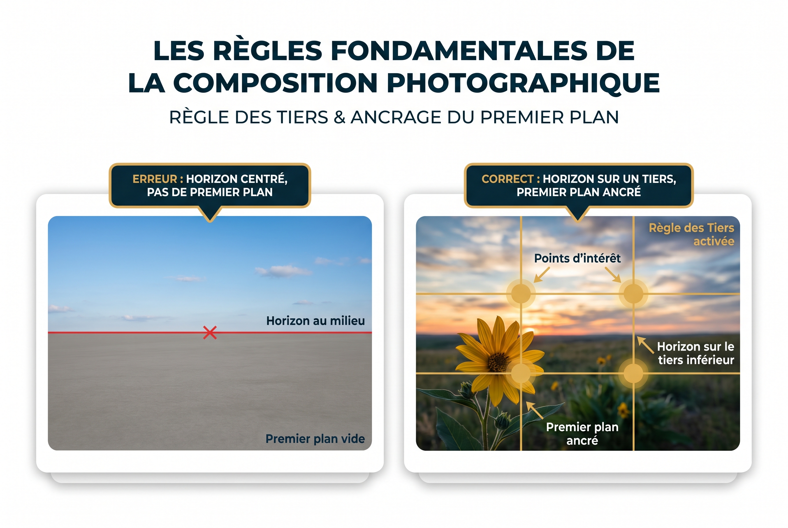Comment photographier des paysages : le guide complet 20 Illustration pédagogique comparant une mauvaise composition avec horizon centré et une bonne composition utilisant la règle des tiers et un premier plan pour photographier des paysages.