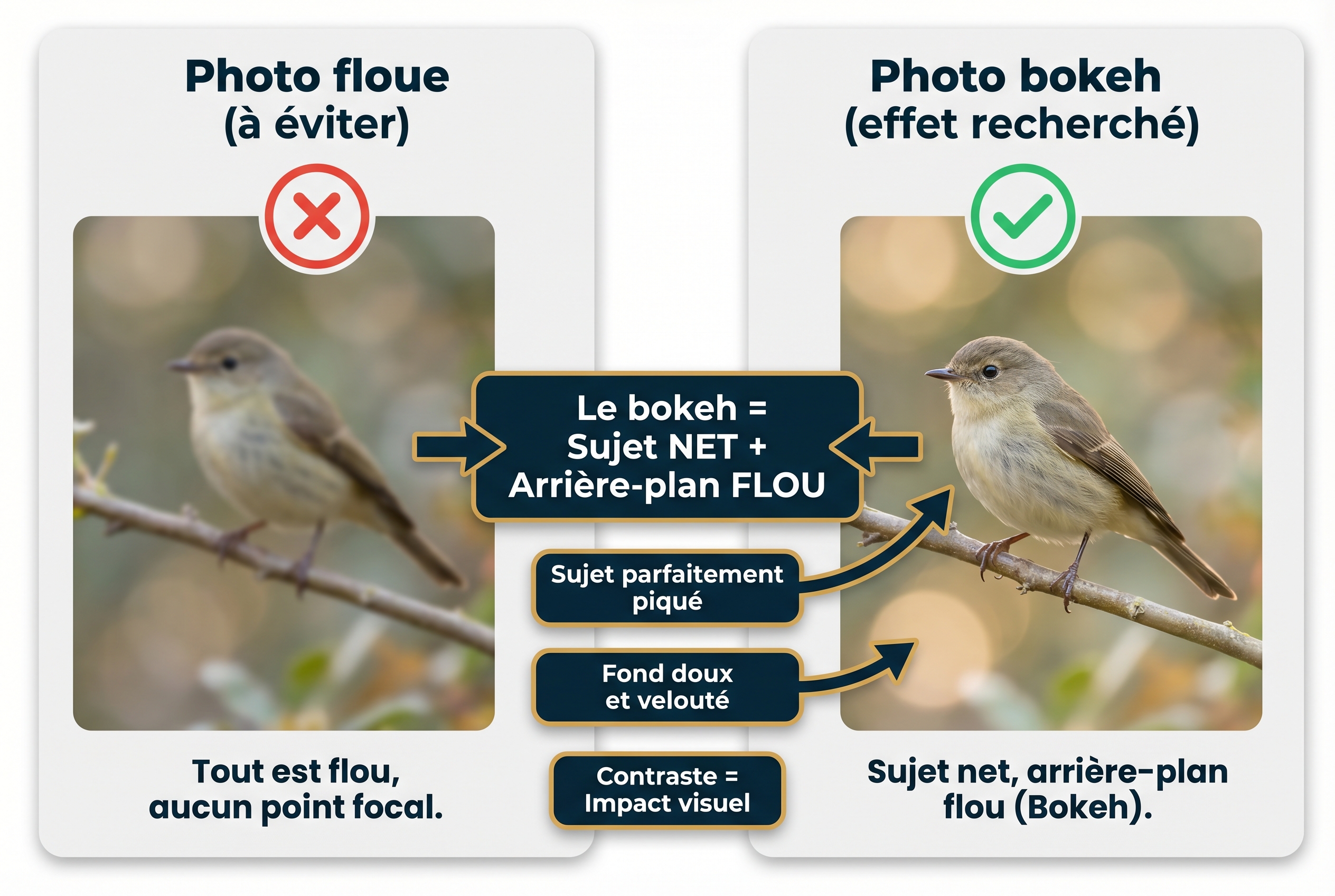 Le bokeh photo : le secret des flous artistiques 14 Infographie pédagogique comparant une photo totalement floue à éviter et une photo avec un bokeh réussi où l'oiseau est net sur un arrière-plan flou et velouté.