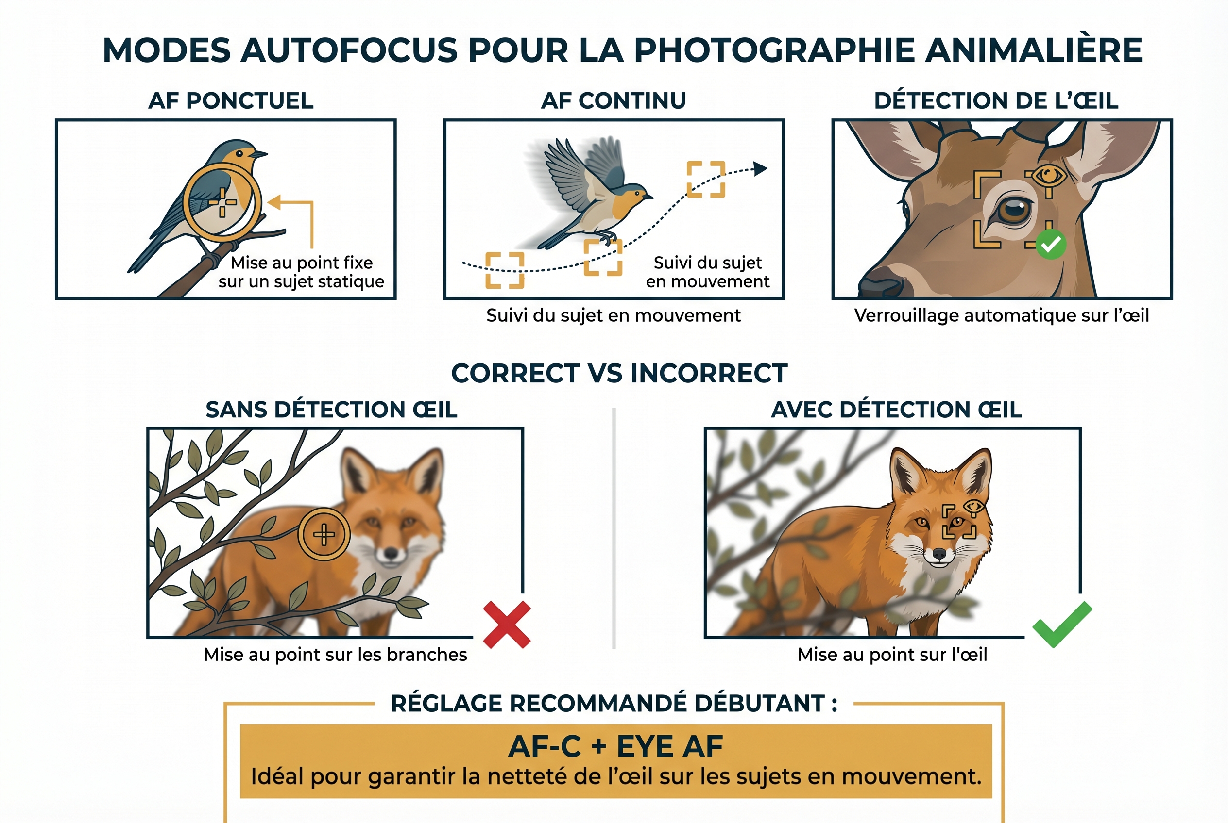Schéma pédagogique expliquant les modes autofocus AF-S, AF-C et la détection de l'œil pour réussir ses clichés en photo animalière débutant.