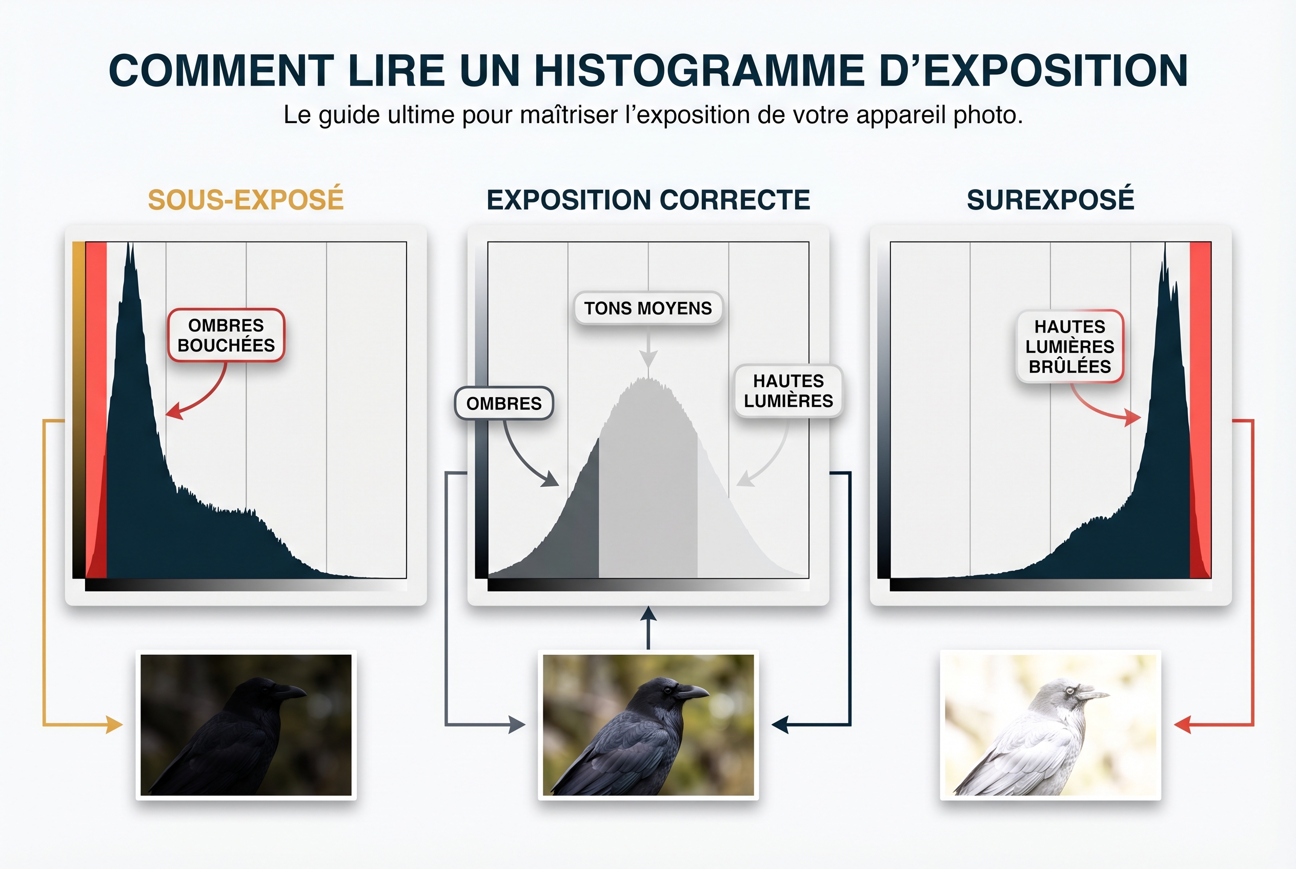 Correction d’exposition : comment l’utiliser et être créatif 32 Infographie pédagogique montrant trois types d'histogrammes (sous-exposé, correct, surexposé) avec des exemples de photos d'oiseaux pour maîtriser la correction d'exposition.