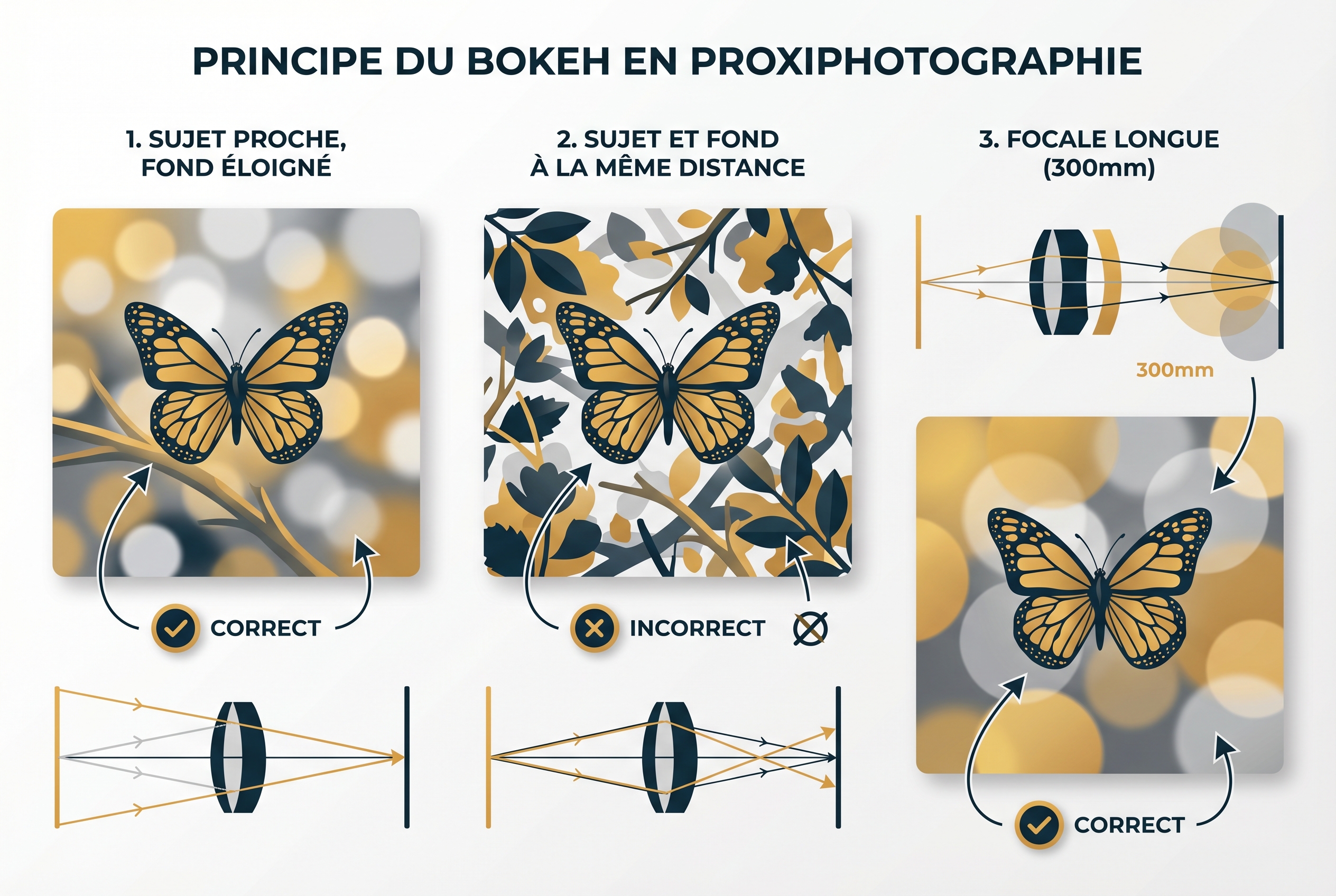 Infographie pédagogique expliquant le principe du bokeh en proxiphotographie : comparaison entre un sujet proche avec fond éloigné, un sujet au même niveau que le fond, et l'impact d'une focale de 300mm sur le flou d'arrière-plan.