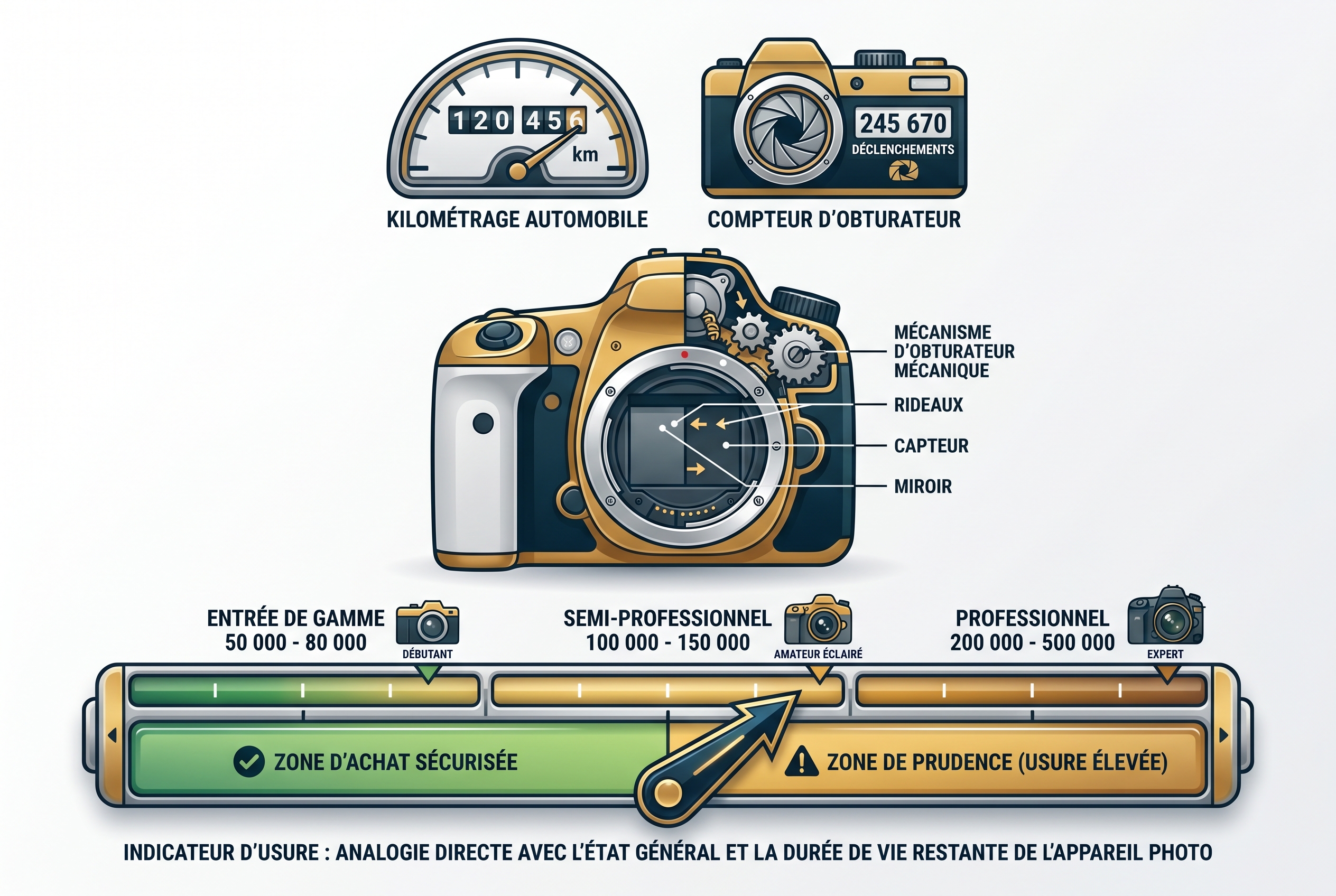 Quel est le meilleur site d'occasion photo ? Le guide pour acheter sans risque 24 Infographie pédagogique expliquant le nombre de déclenchements d'un boîtier photo d'occasion, comparant l'usure mécanique au kilométrage d'une voiture pour sécuriser son achat.