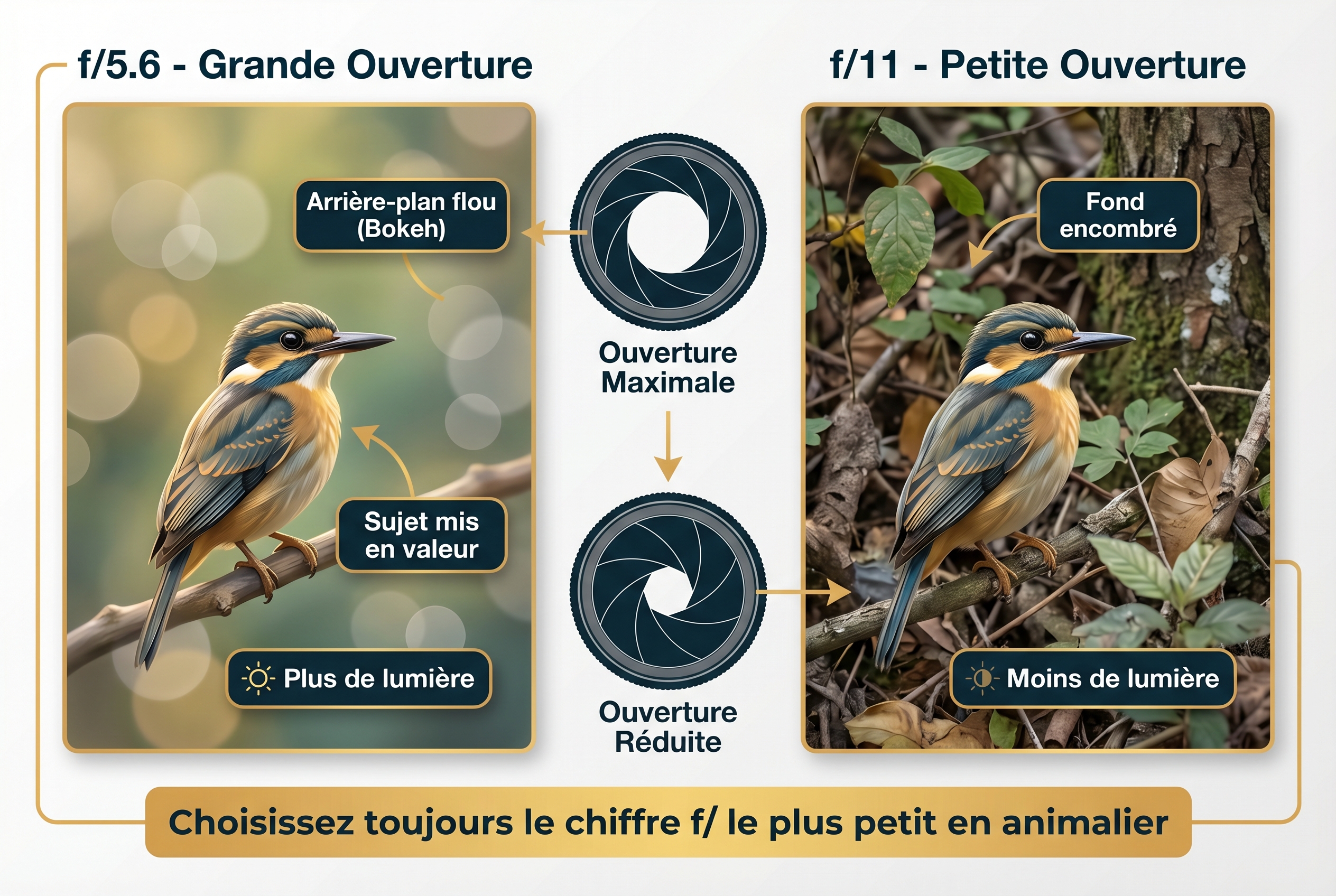 Infographie pédagogique expliquant l'impact de l'ouverture (f/5.6 vs f/11) sur le flou d'arrière-plan pour un photographe animalier débutant.