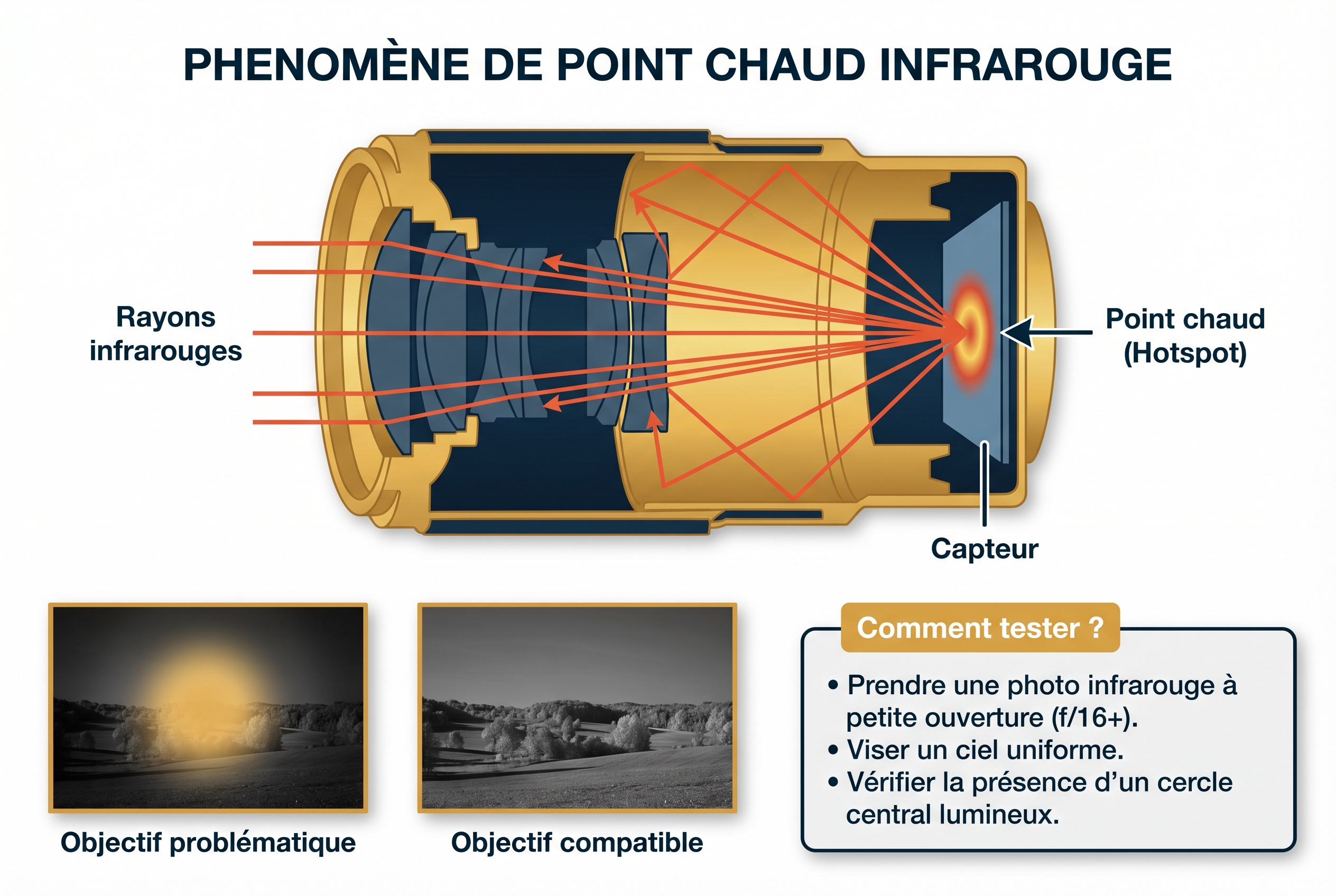Schéma pédagogique expliquant le phénomène de point chaud (hotspot) en photographie infrarouge avec comparaison entre un objectif compatible et un objectif problématique.