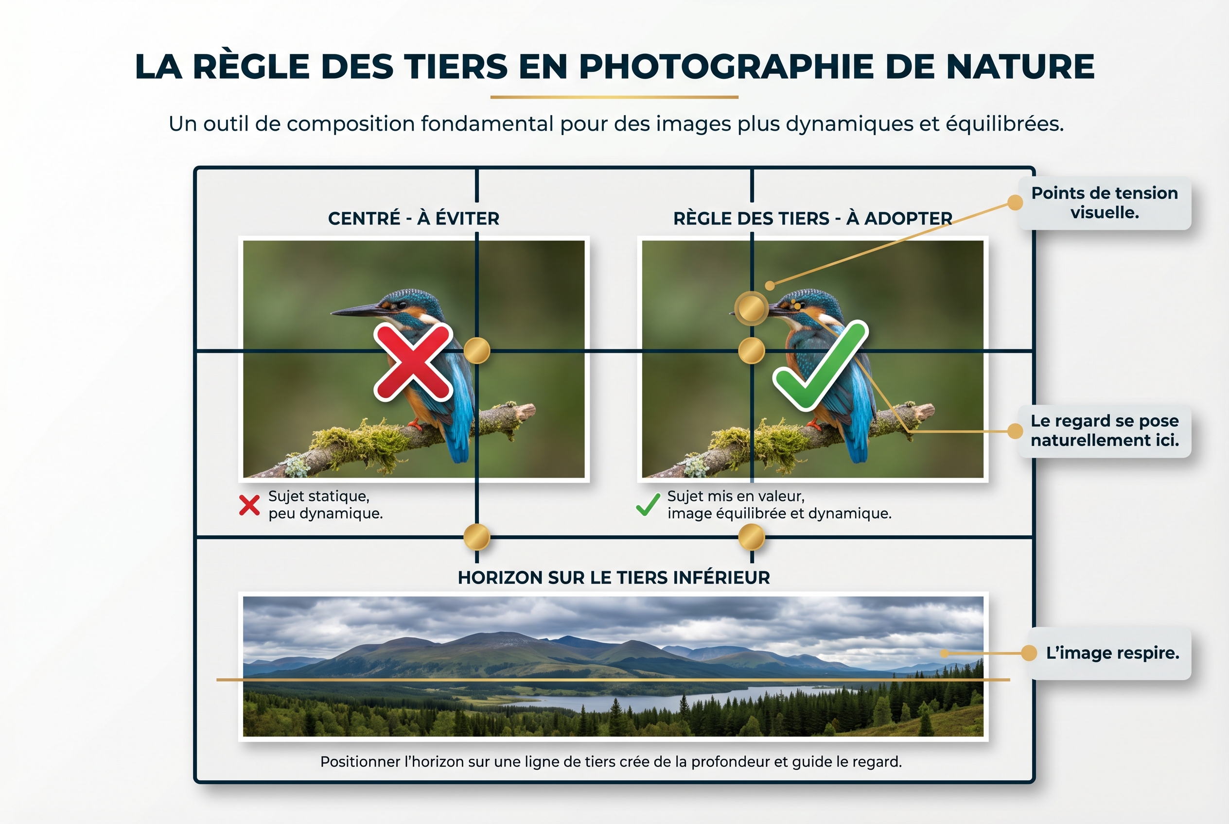 Illustration pédagogique expliquant la règle des tiers pour photographier la nature, montrant la grille de composition et le placement d'un oiseau sur les points de force.