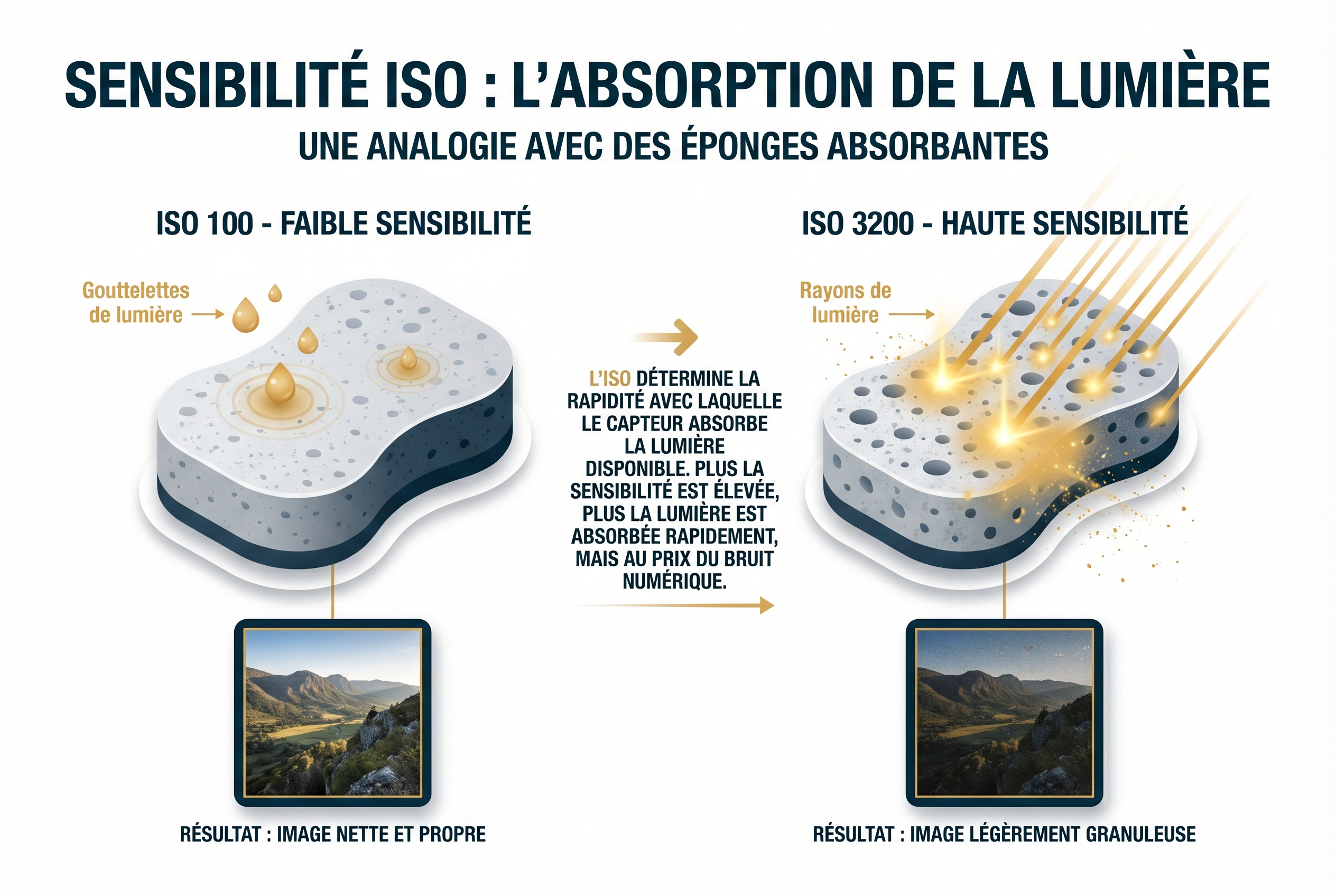 Sensibilité ISO : tout comprendre pour des photos sans bruit 13 Schéma pédagogique expliquant la sensibilité ISO : comparaison entre ISO 100 (image nette, peu de lumière absorbée) et ISO 3200 (image bruitée, forte absorption) via l'analogie de l'éponge.
