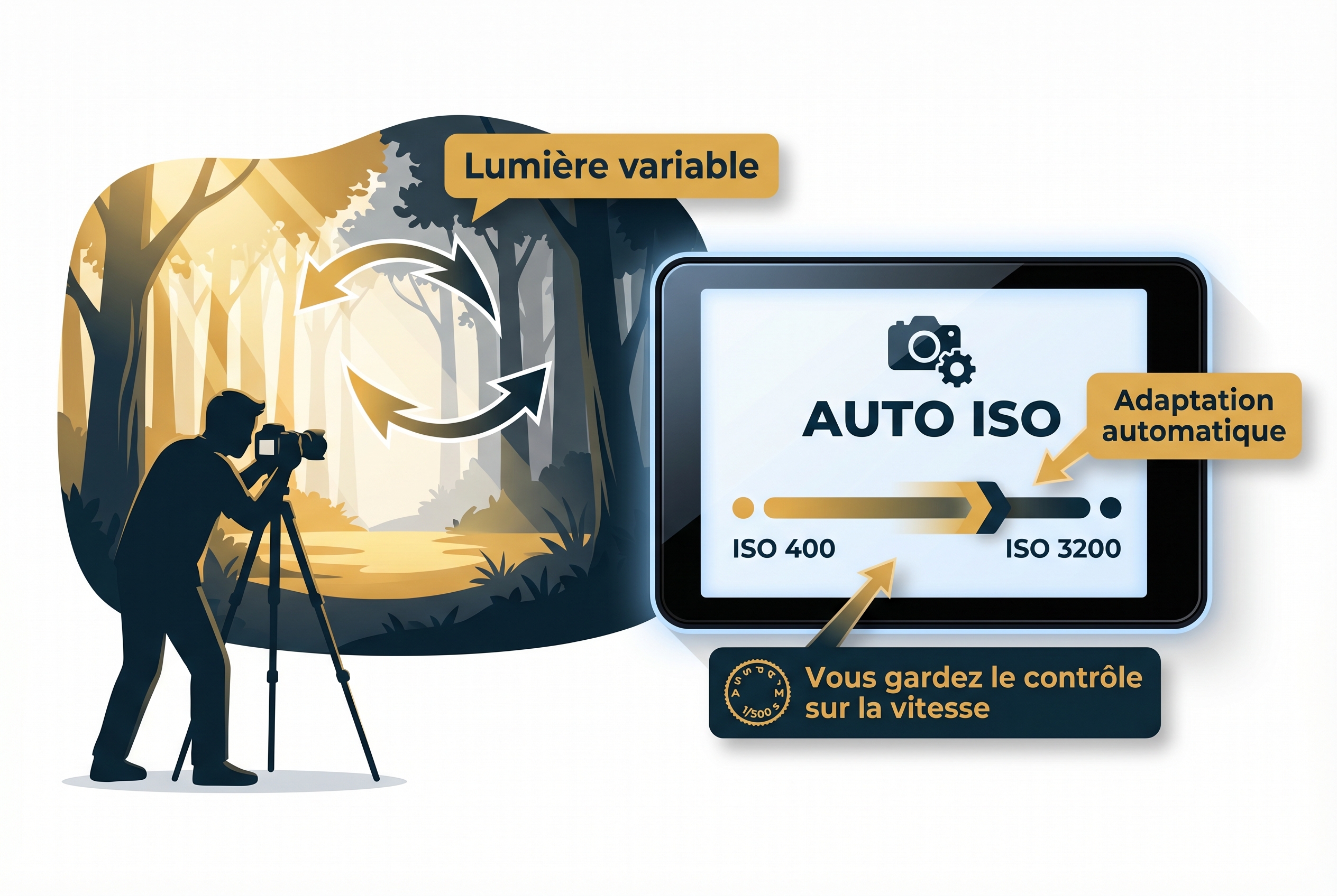 Sensibilité ISO : tout comprendre pour des photos sans bruit 23 Illustration pédagogique sur la sensibilité ISO montrant un photographe en forêt gérant les variations de lumière avec le mode ISO Auto.
