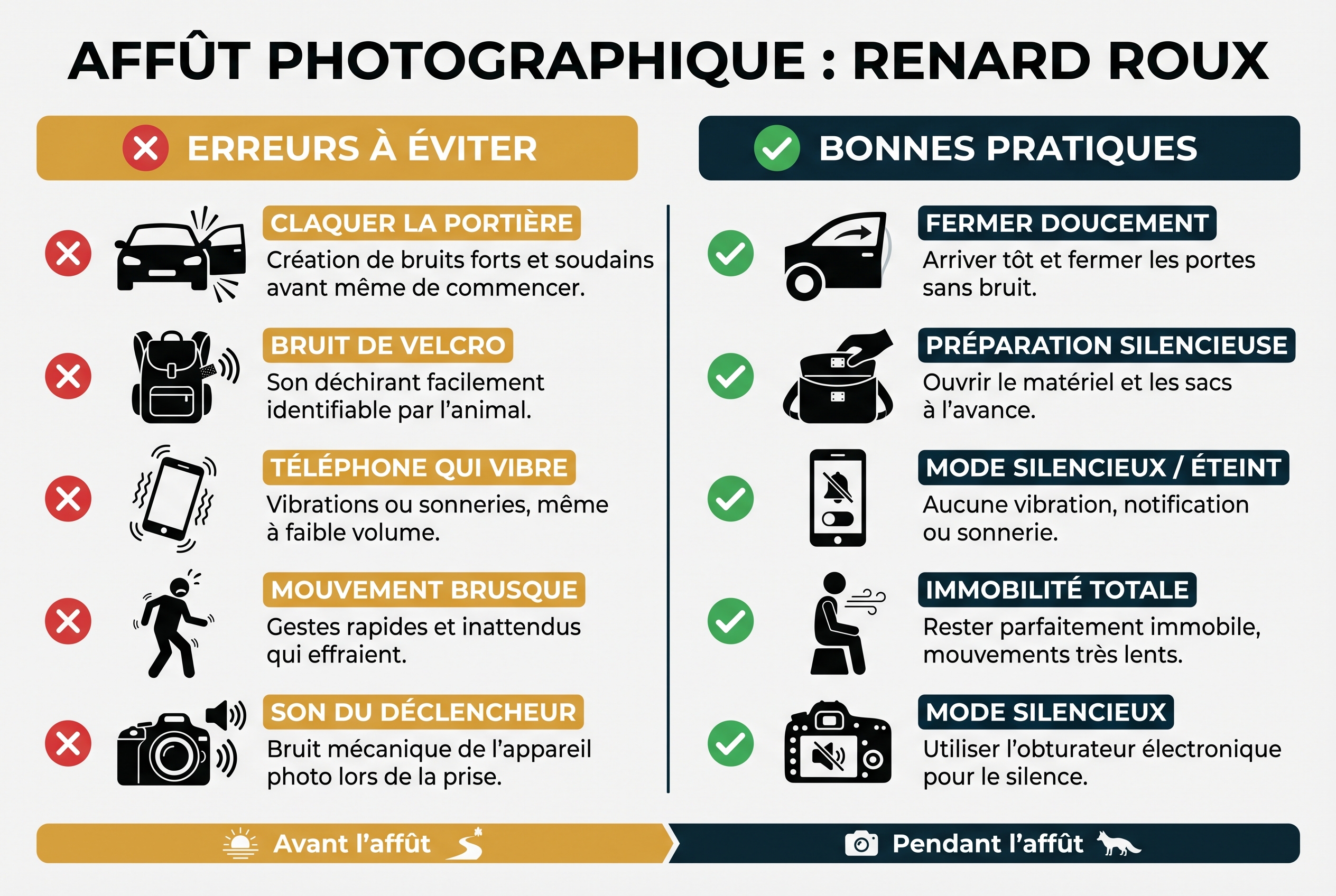 Infographie pédagogique présentant les erreurs à éviter et les bonnes pratiques pour réussir à photographier le renard en affût : discrétion sonore et gestuelle.